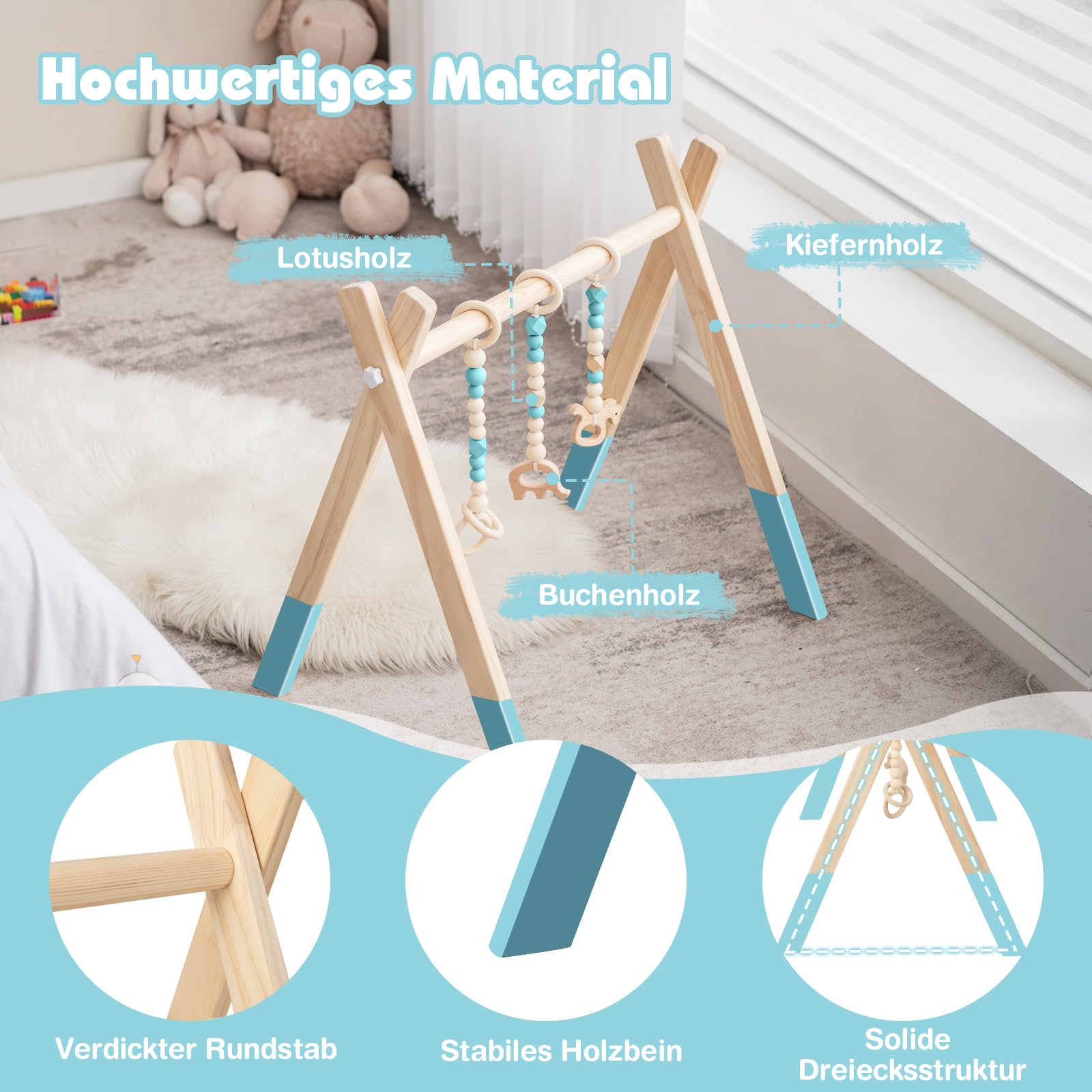 COSTWAY Baby Spielbogen Holz, Spieltrapez klappbar, Baby Gym mit 3 abnehmbaren Kinderspielzeugen, Spieltrapez für Babys über 3 Monate, Holzspielzeug zur Gehirnentwicklung (Grün)
