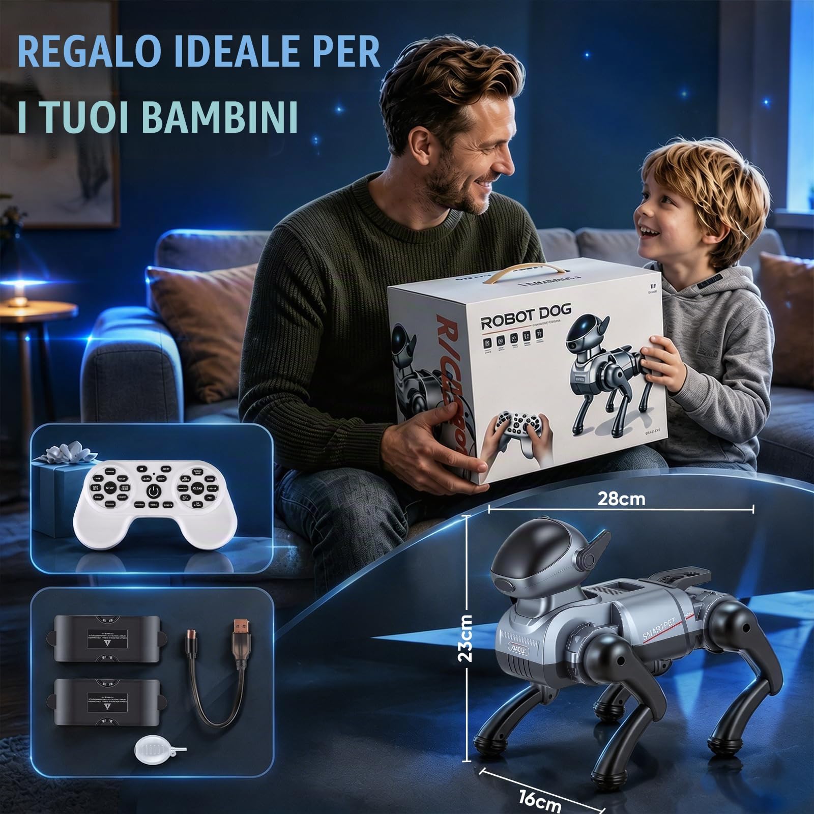 Cane Robot Giocattolo con Telecomando 2.4G, 25 Funzioni Interattive (AI, Voce, Programmazione), Occhi LED Dinamici ed Effetto Nebbia, 2 Batterie, Giocattolo Cane Robot Ricaricabile