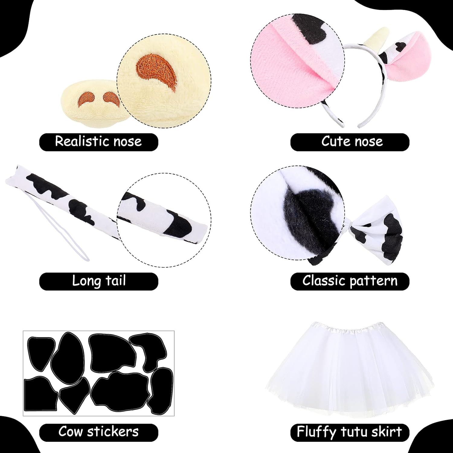 Neer 6 Pcs Cow Costume Set for Adult Including Headband Ears Tail Nose Bow Tie, Skirt and 5 Sticker, Costume for Cosplay - Image 4