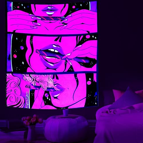 Blacklight Cool Girl - Tapiz para colgar en la pared, arte hippie, decoración de pared de anime morado para dormitorio, póster estético con rayos