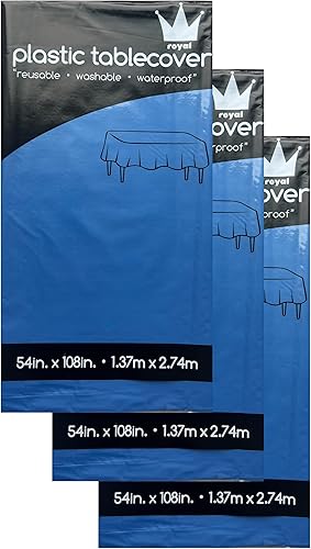 Miniatura 2 de ROYAL7 - Paquete de 3 manteles rectangulares de plástico desechables para picnic, cumpleaños, barbacoa, fiesta, boda (azul, rectangular, 54 pulgadas