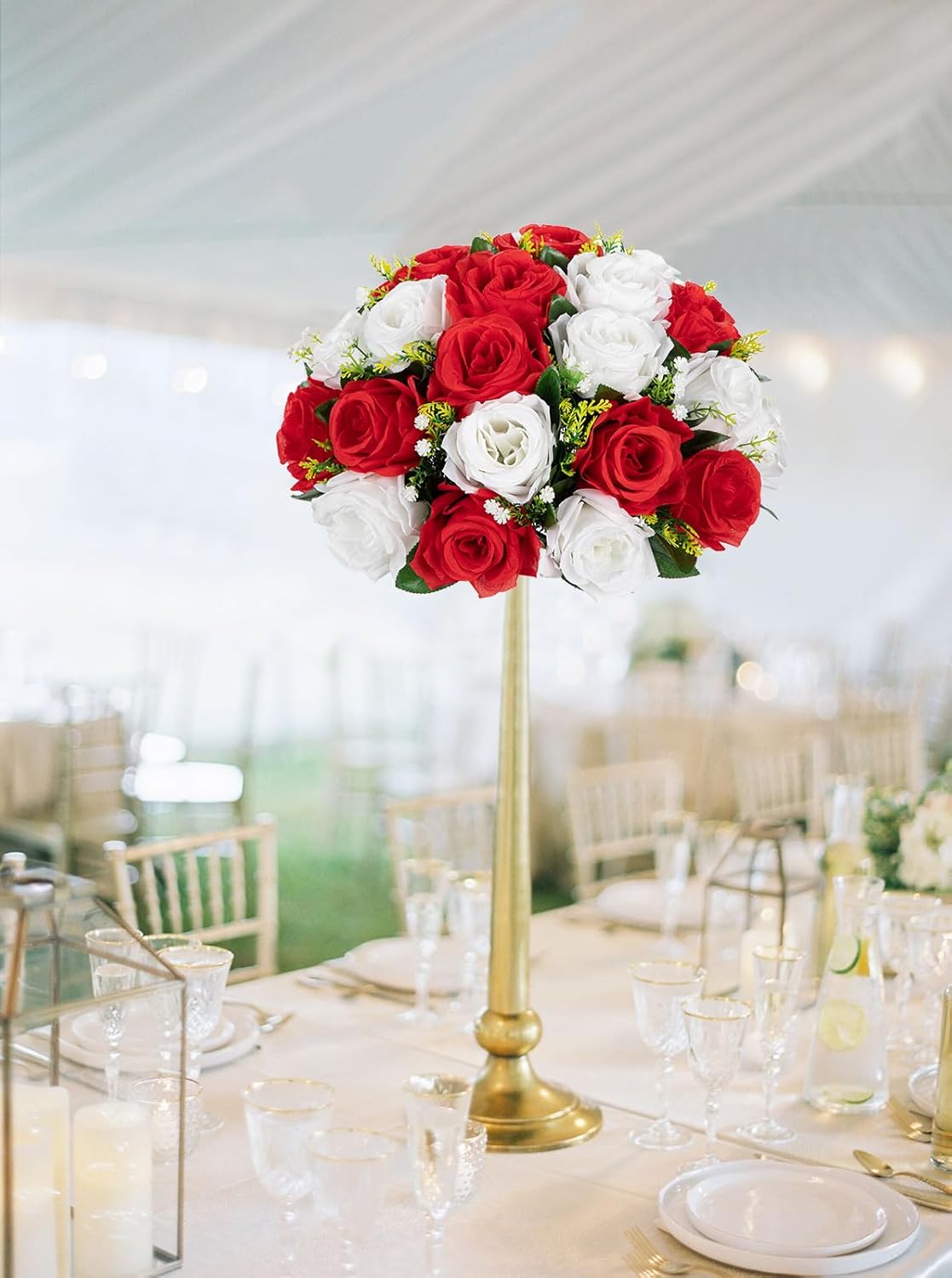 Briful Fake Floral Balls for Centerpieces - 2PCS 11.8" Large Faux Rose Flower Arrangement Silk Flower Bouquet for Home Wedding Party Anniversary Table Vase Flower Stand Decor(Red White) - Image 4