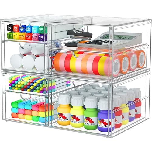 2 Pack Desk Organizers, Makeup Organizer Storage With 7 Drawers, Desktop Office Supplies, Clear Desk Accessories, Dustproof Drawer Organizer and Storage for Make Up, Jewelry, Pen, Desktop Stationary