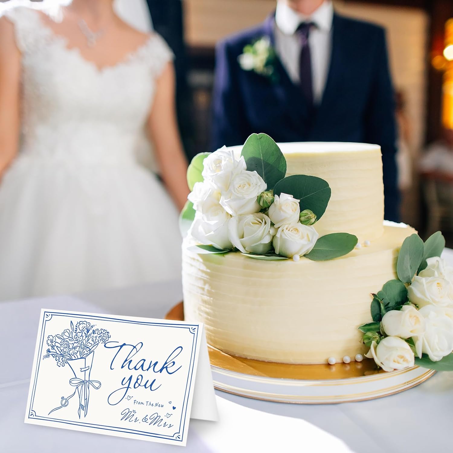 Whaline 24 Pack Wedding Thank You Cards Blue The New Mr & Mrs Flower Bouquet Thank You Greeting Note Card with Envelope Sticker for Bridal Shower - Image 7