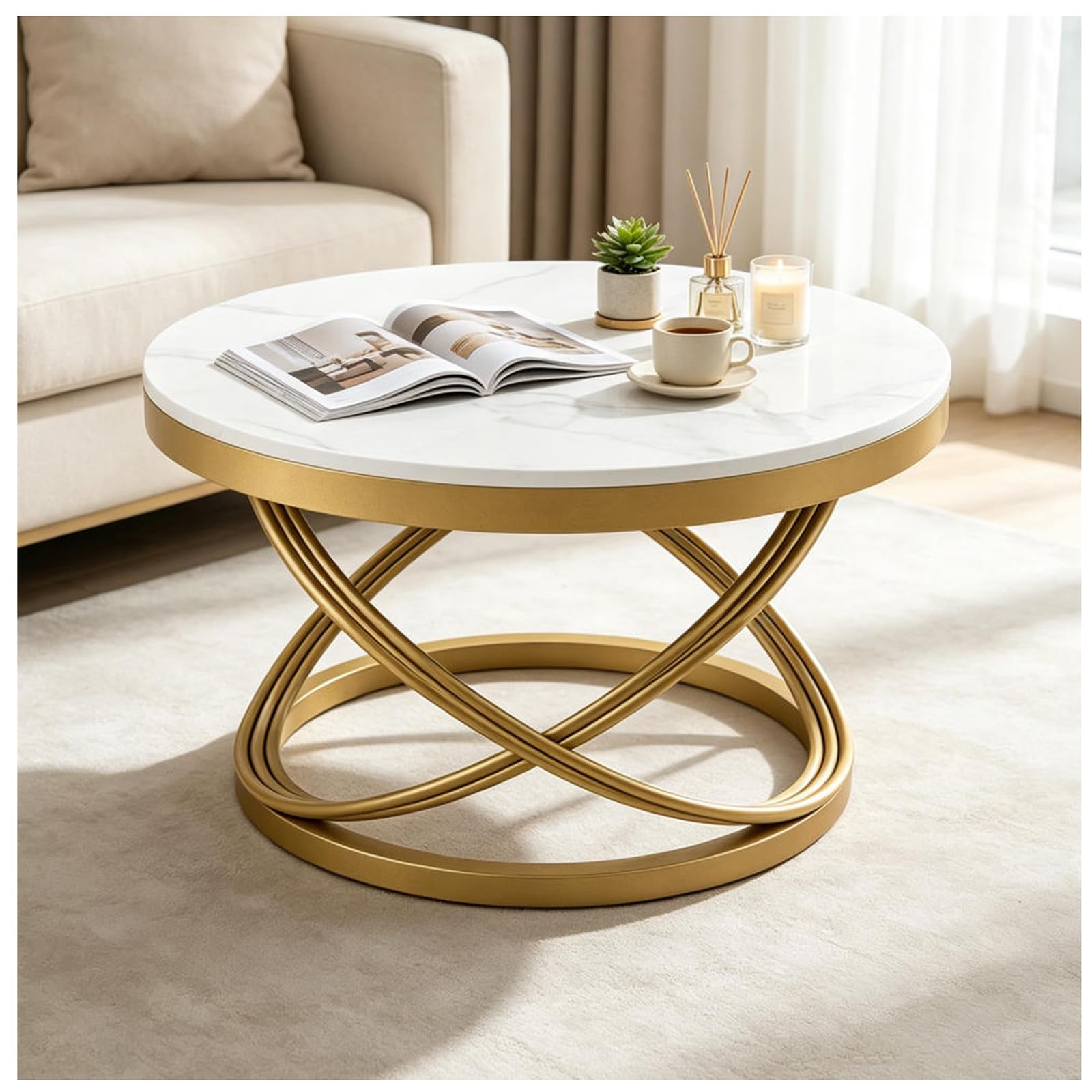 JHAISMAO Round Marble Coffee Table 50cm Gold Metal Cross Base Small Side Table For Living Room(Size:50X50X45CM,Color:A)