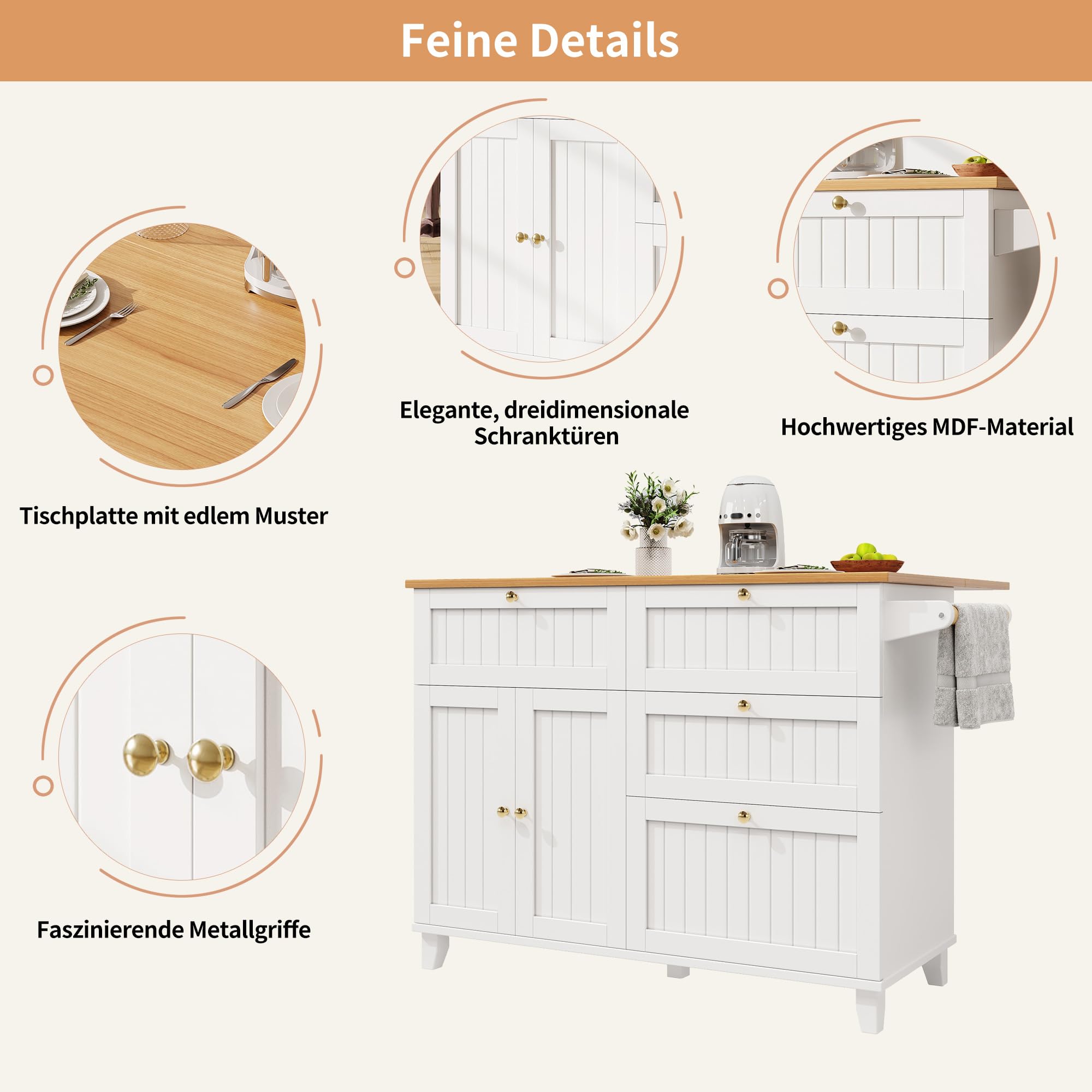 Kücheninsel 120.8 x 37.3-70x 88 cm, Küchenwagen, Küchenschrank mit Klappbarer Tischplatte, 1 Türen,1 Klapptür und 3 Schubladen, Mobiles und Festes Dual-Use-Design.MDF (Weiß)