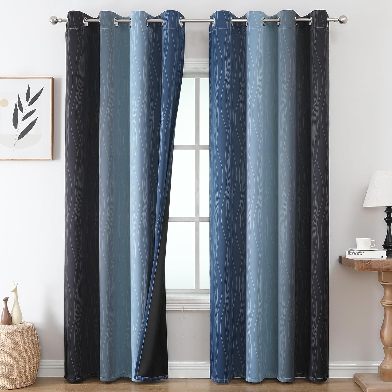 estelar textiler navy blue and black ombre blackout curtains 84 inches long 2 panels, thermal insulated gradient drapes for bedroom, full room darkening energy saving curtains for living room,52wx84l 52"w x 84"l (pack of 2) black and navy blue