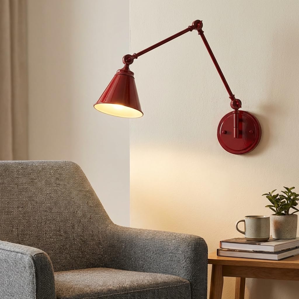 BARCELONA LED Applique da Parete Rosso con Braccio Regolabile, Alluminio di Alta Qualità, Stile Classico e Moderno, Illuminazione Lusso Retrò e Industriale per Camera, Soggiorno o Ufficio