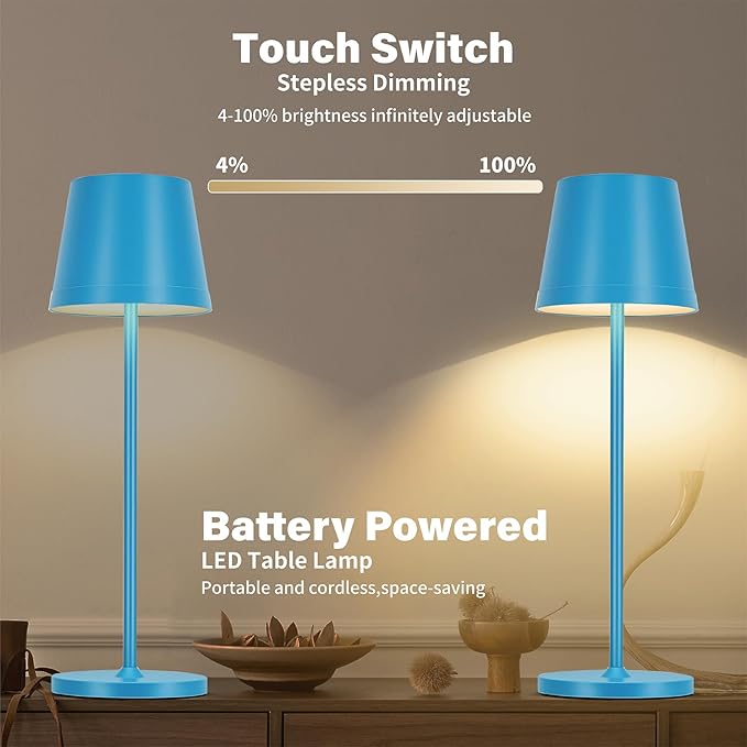 Toyunia Portable Indoor and Outdoor Table Lamp, Rechargeable Battery Desk lamp 3W, 3000K, Stepless Dimming Modern Portable Table Light 2-Pack, Blue photo 6