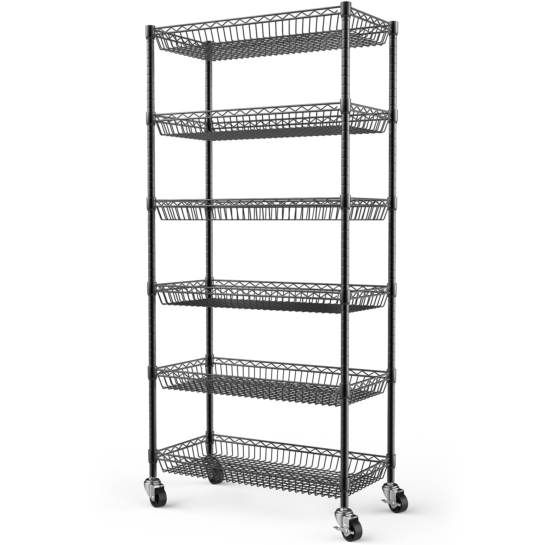 Himimi 6-Tier Wire Basket Shelving Unit with Wheels, 76W x 34D x 165H cm, Height Adjustable Metal Storage Shelves, Rolling Storage Cart for Kitchen, Pantry, Bathroom, Utility Room, Laundry Room, Black
