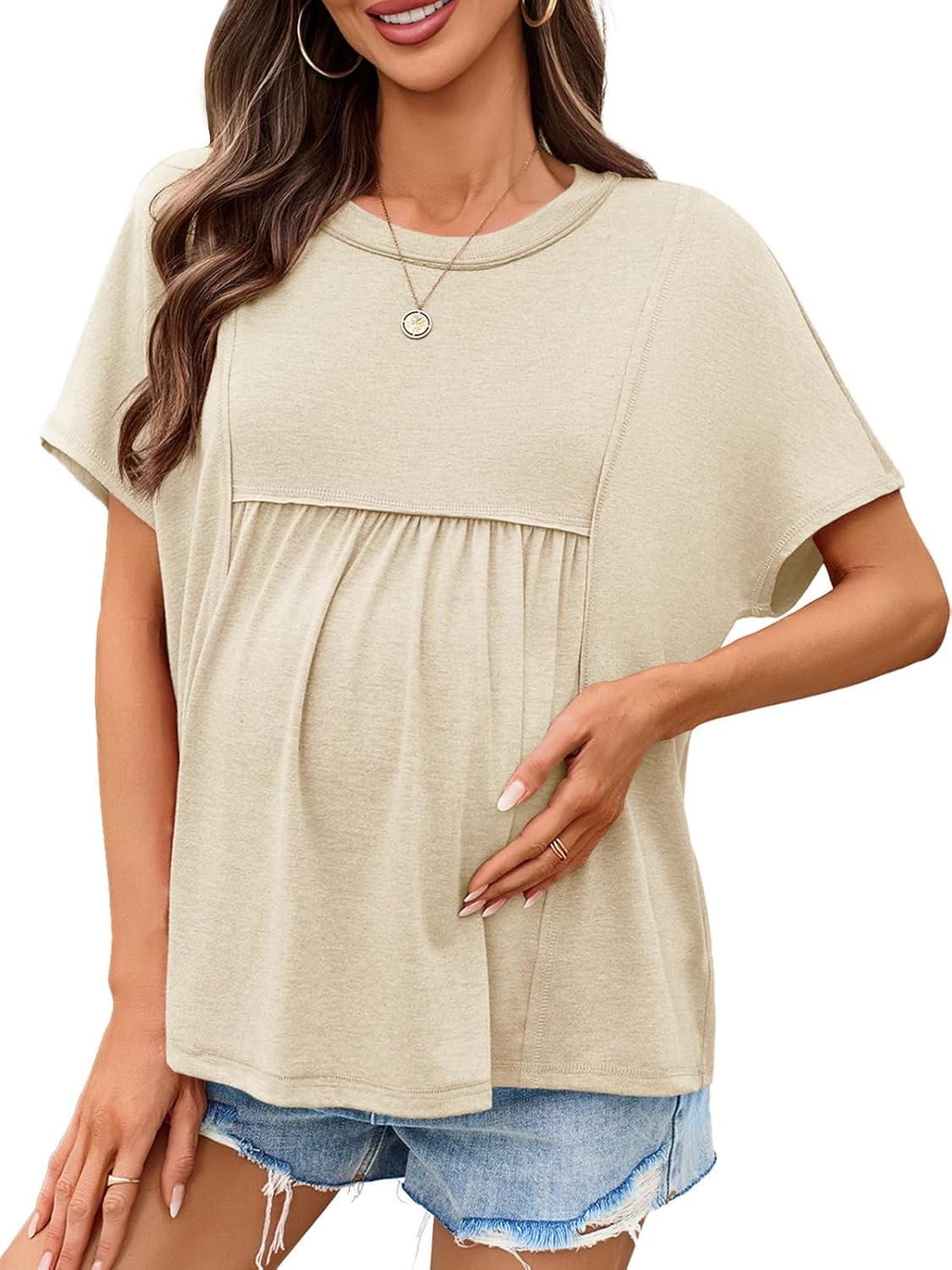 Tankaneo Womens Maternity Tops Summer Batwing Short Sleeve Casual T Shirts Oversized Pleated Pregnancy Clothes - Image 4