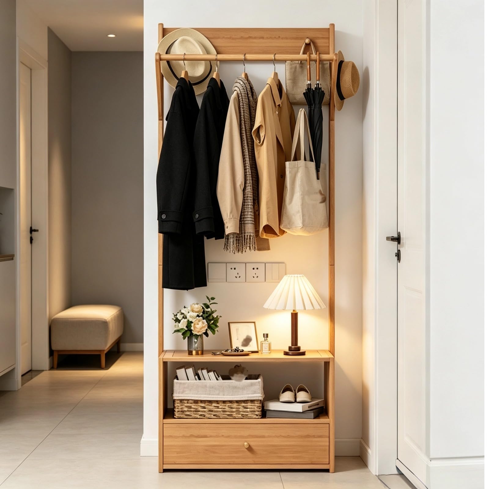 Appendiabiti Autoportante, Appendiabiti per Camera da Letto con Cassetto E Armadietto, Organizer Multifunzionale per Abiti da Ingresso(Color:Legno Naturale)