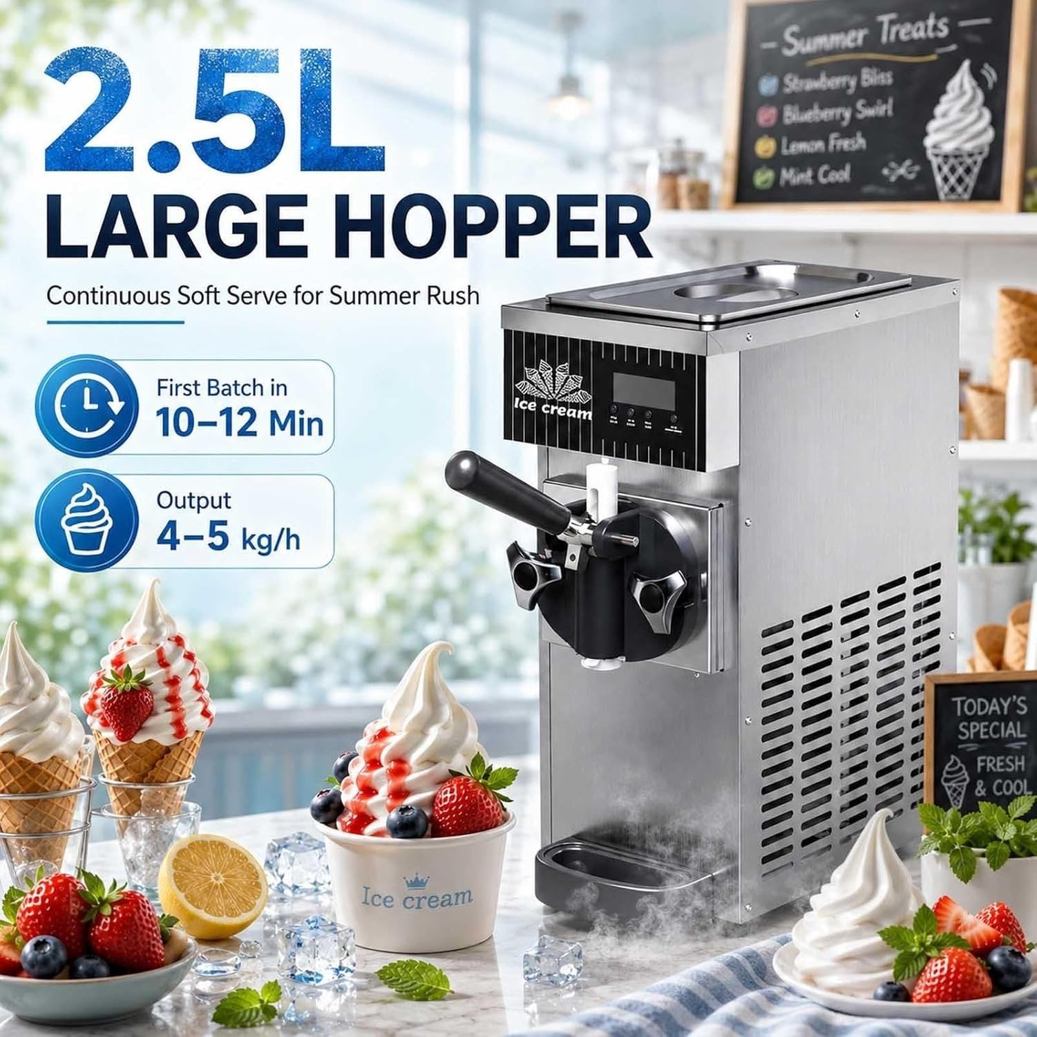 Lodówka do lodów soft serve 450W, maszyna do lodów 4-5 l/h z panelem LCD, samooczyszczanie, automat do lodów ze stali nierdzewnej, do restauracji, kawiarni, skl, Orange
