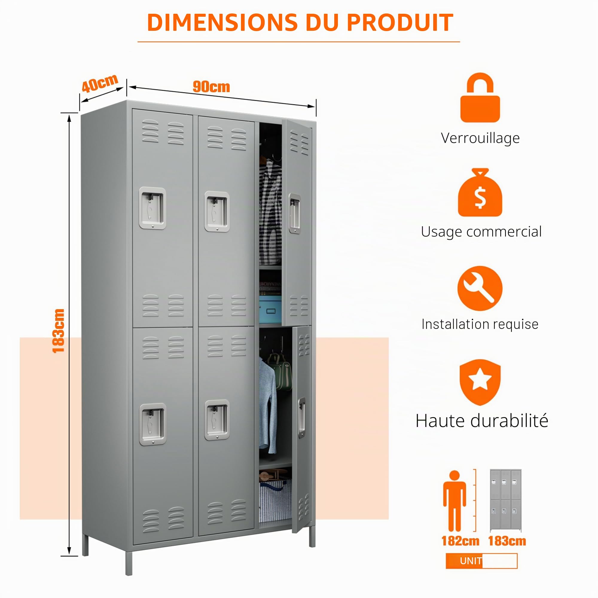 SUPEER Casier Métallique Verrouillable 6 Compartiments avec Ventilation - Armoire de Rangement Sécurisée pour Entreprises, Écoles, Salles de Sport et Bureaux - Gris Clair