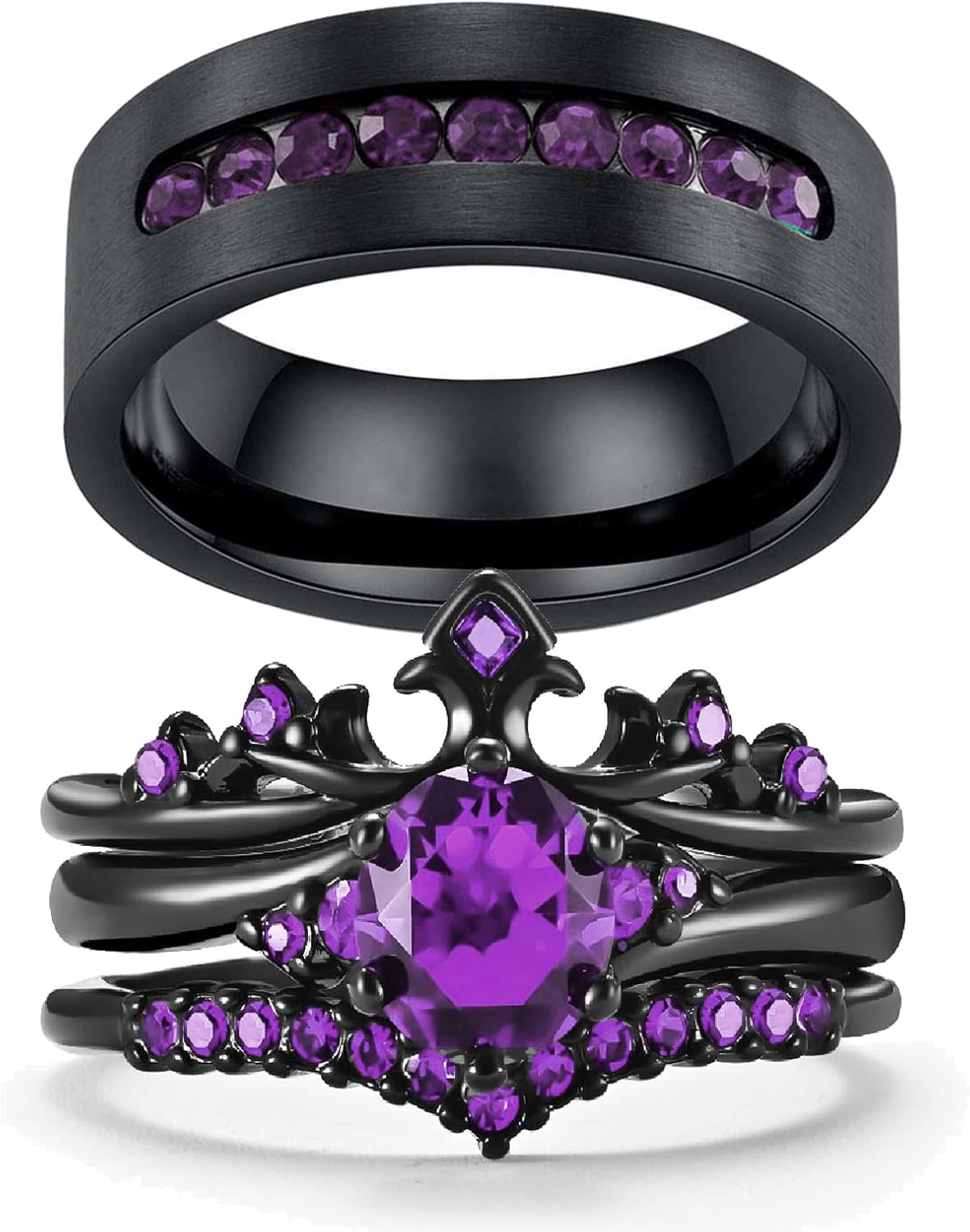 Couple Rings Black Crown Matching Ring Bridal Sets Blue Cz Womens Wedding Ring Sets for Him and Her Wedding Bands