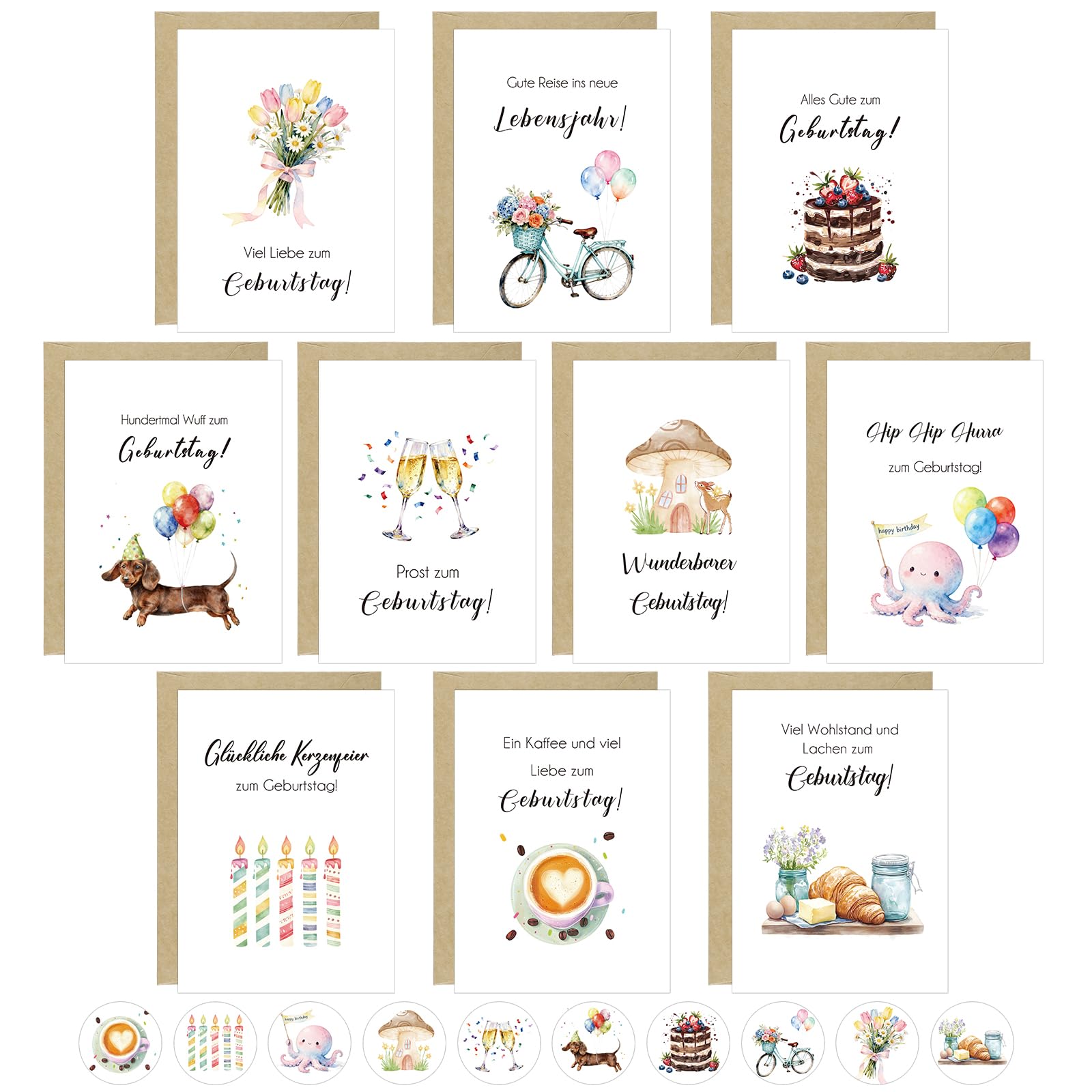 10 Geburtstagskarten A6 Set mit Umschlägen und Stickern, Glückwunschkarten Geburtstag Klappkarten Happy Birthday Karte Grußkarten Geburtstag für Frau Freunde, Familie, Kollegen