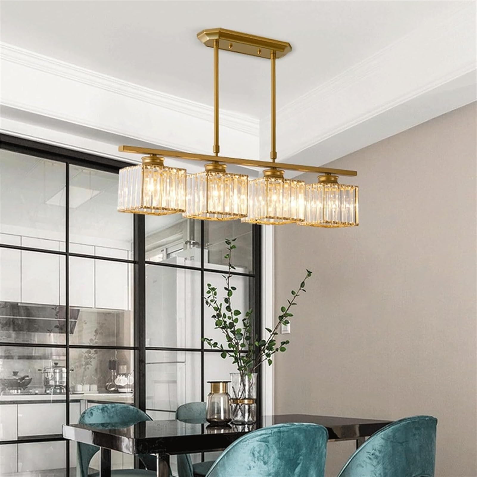 Light Luxury Gold Rectangle Crystal Pendant Lamp Chandelier Hanging Lighting Ceiling Fixture Modern Rustic For Living Room Bedroom Dining Room