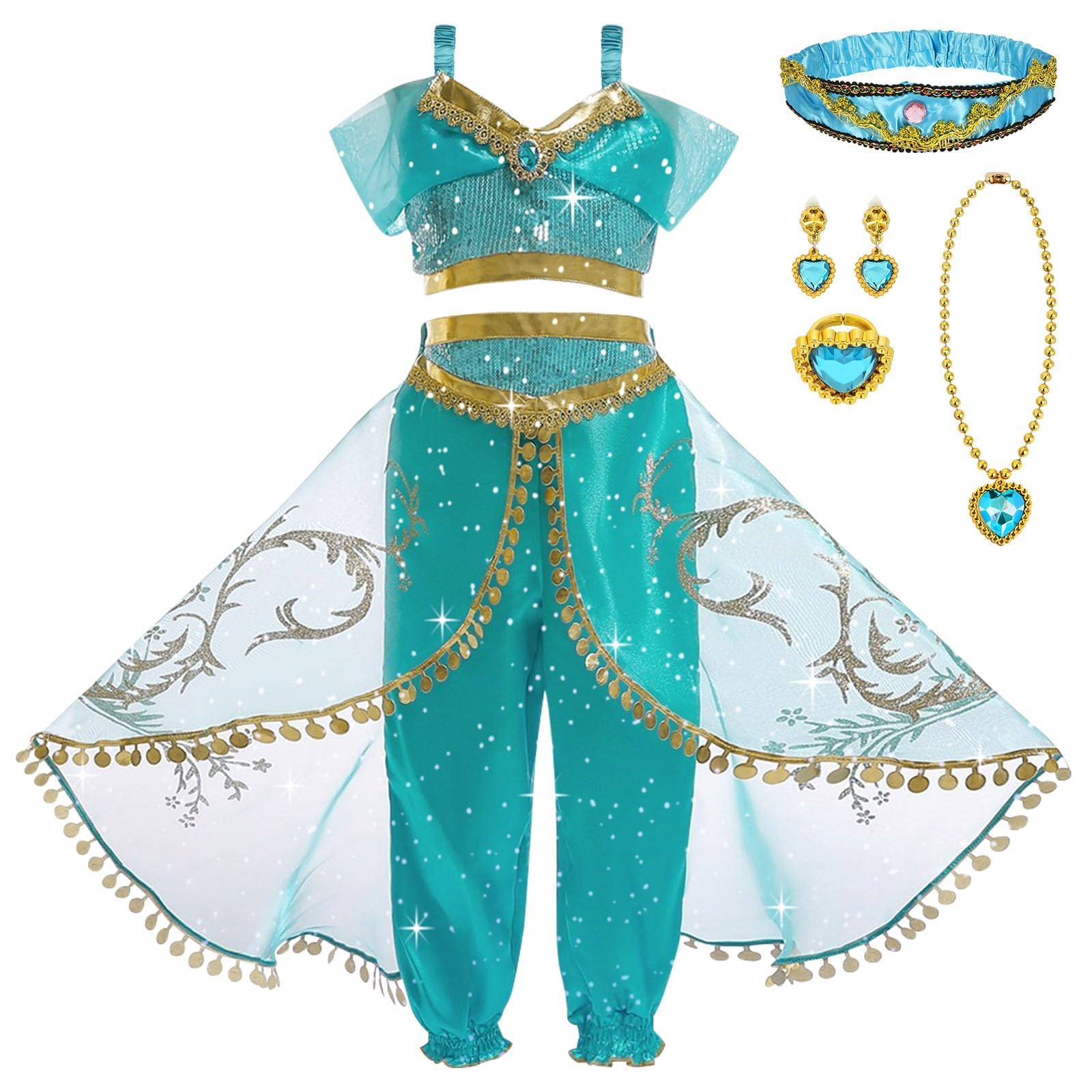 DiULi Jasmine Abiti Ragazze, 7PCS Set Jasmine Principessa Abiti Ragazze con Orecchini, Collana, Anelli, Cerchietti, per Festa Danza Compleanno Halloween Cosplay, Taglia 110-150