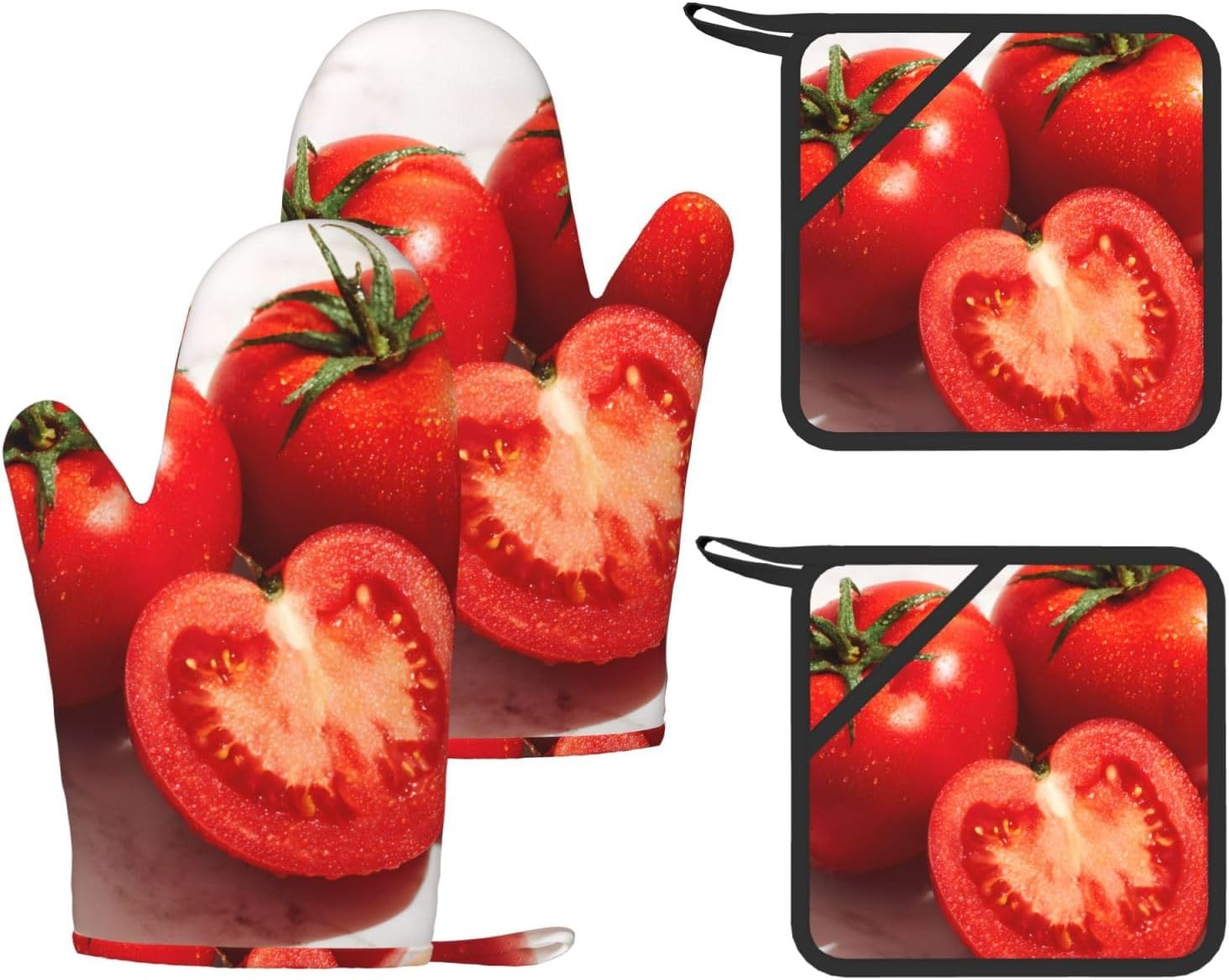 Cut Red Tomatoes 4pcs Oven Mitts and Pot Holders Sets for Kitchen, Silicone Oven Gloves Non-Slip Potholders Hot Pads for Baking Cooking