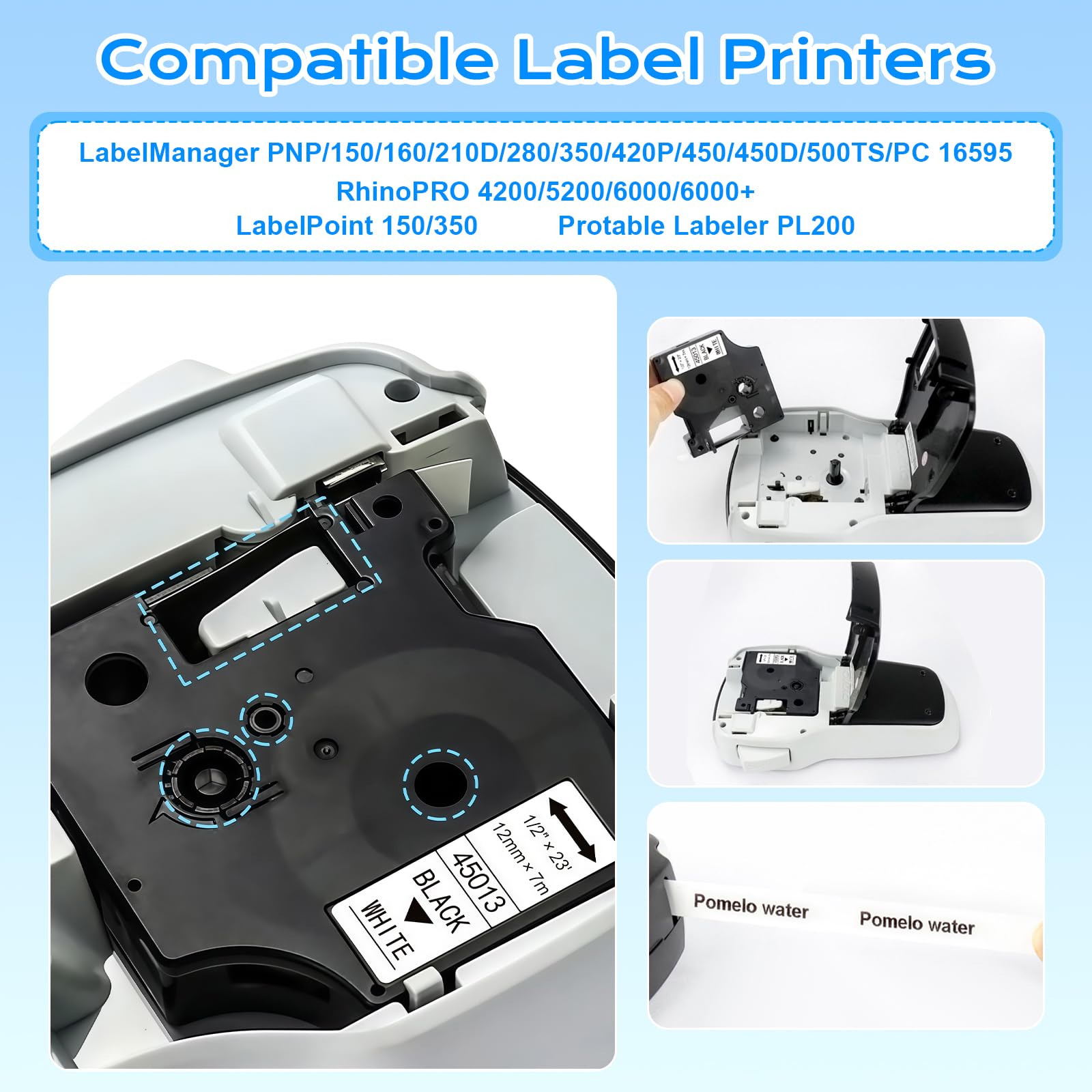 3 x kompatybilna z taśmą Dymo D1 Label Tape 45013 A45013 S0720530 12 mm x 7 m, czarno-biała taśma D1, kompatybilna z Dymo Label Manager, zamiennik taśmy do 160 210D 280 360D 420P 450D