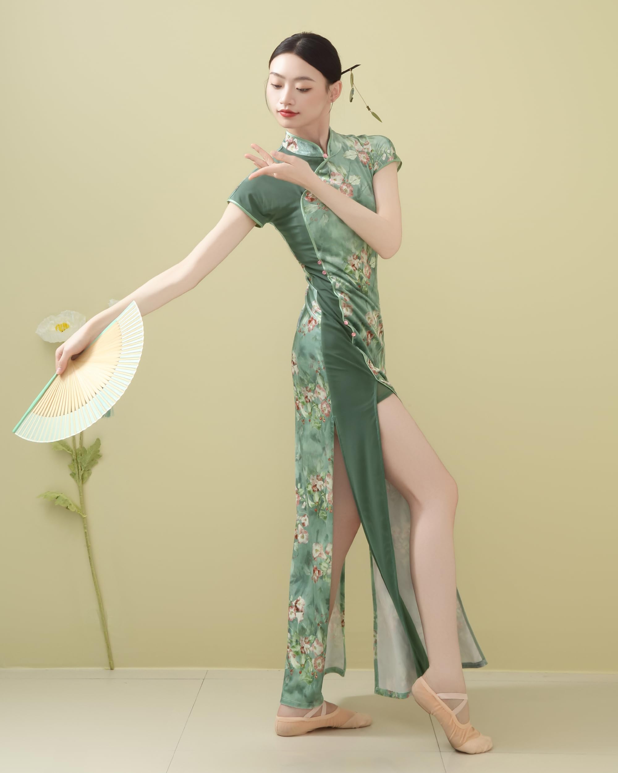 ROYAL SMEELA Robe Cheongsam Longue Femme en Velours,Qipao Chinoise avec Col Mandarin et Manches Courtes