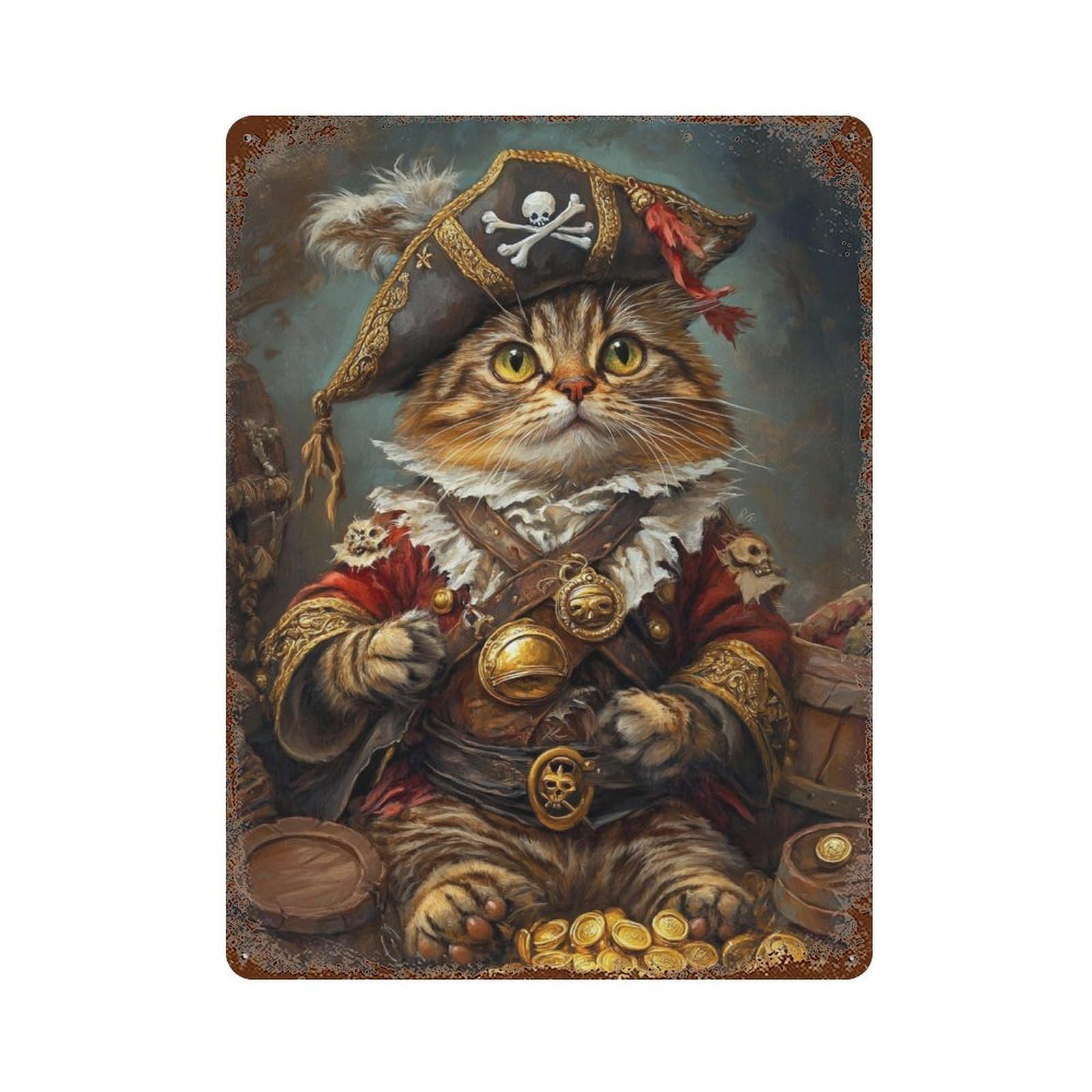 Pirate Cat Treasure Hunt Distressed Metal Wall Sign 15.7"x11.8", for Garage, Bar And Workshop Decor, Decorative Metal Wall Art