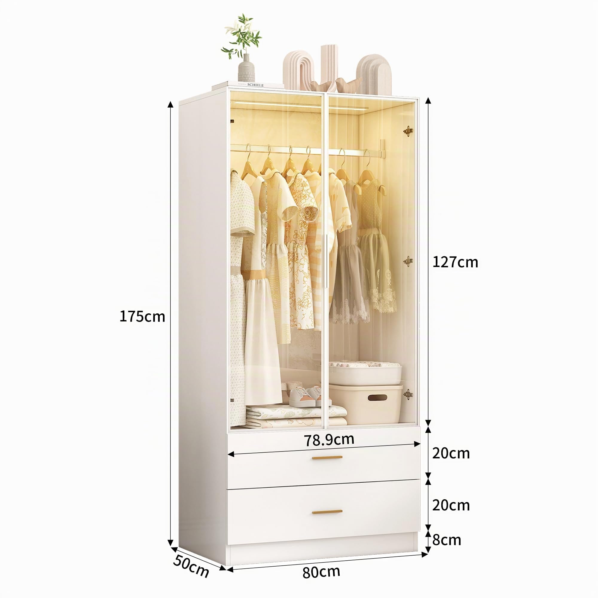 Guardaroba bianco - 80 cm di larghezza - Con appendiabiti e luci LED - Molto spazio di archiviazione - Armadio polivalente a 2 ante con 2 cassetti - Per camera da letto (80 x 50 x 175 cm)