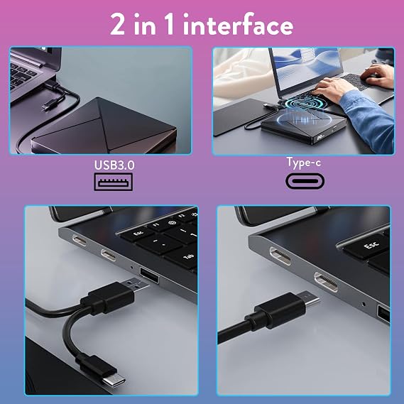 External CD DVD Drive for Laptop USB 3.0 Type-C Slim Portable Player CD DVD RW Writer Reader Burner, Low Noise Optical External Disk Drive for Desktop, PC, Mac OS,Windows 11/10/8/7/XP/2003/Vista/Linux