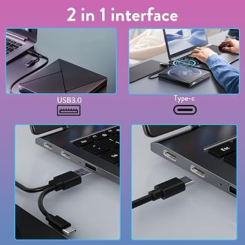 External CD DVD Drive for Laptop USB 3.0 Type-C Slim Portable Player CD DVD RW Writer Reader Burner, Low Noise Optical External Disk Drive for Desktop, PC, Mac OS,Windows 11/10/8/7/XP/2003/Vista/Linux