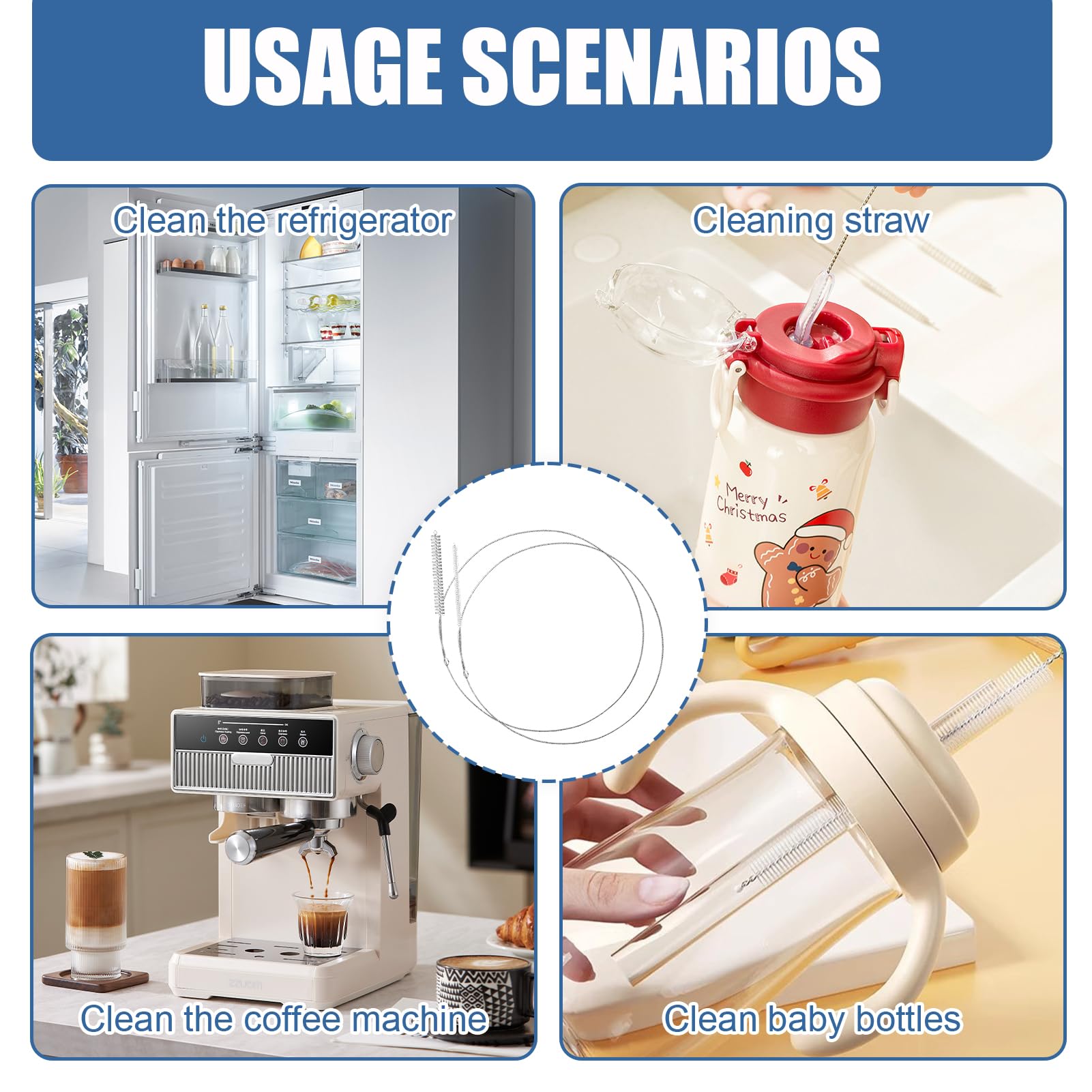 2 cepillos de manguera de 100 cm, juego de cepillos de limpieza para desagüe y paja de frigorífico, flexible y sin arañazos, acero inoxidable, largo, 0,6/1,2 cm para evitar obstrucciones