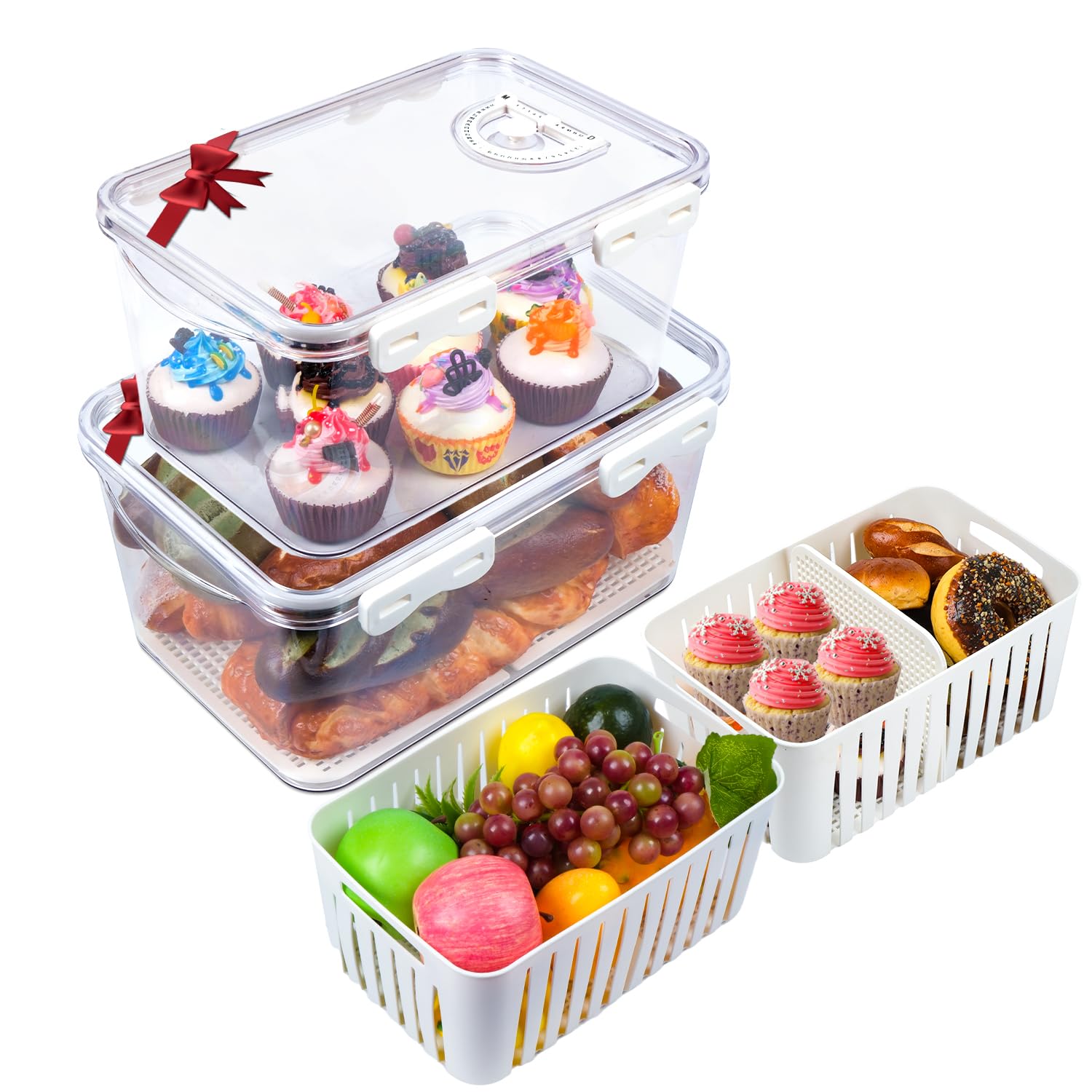 Bread Box for Kitchen Countertop, Time Recording Bread Storage Container for Homemade Bread, Toast, Multifunction Airtight Bread Keeper Food Fruit Pantry Storage Container for Fridge, White Set