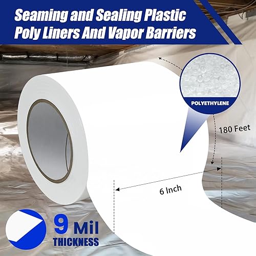 Miniatura 2 de 6 rollos, cinta blanca de barrera de vapor, 6" de ancho x 180' de largo, PE 0.354 in cinta de polietileno, para espacios de arrastre, costuras de