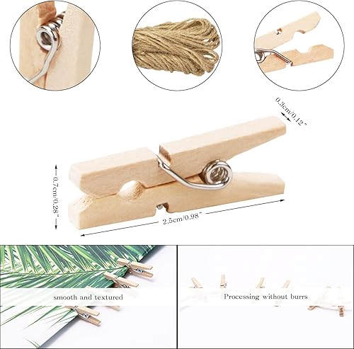 Miniatura 2 de UPlama 400 mini pinzas de ropa con cordel de yute, mini pinzas de madera natural para fotos