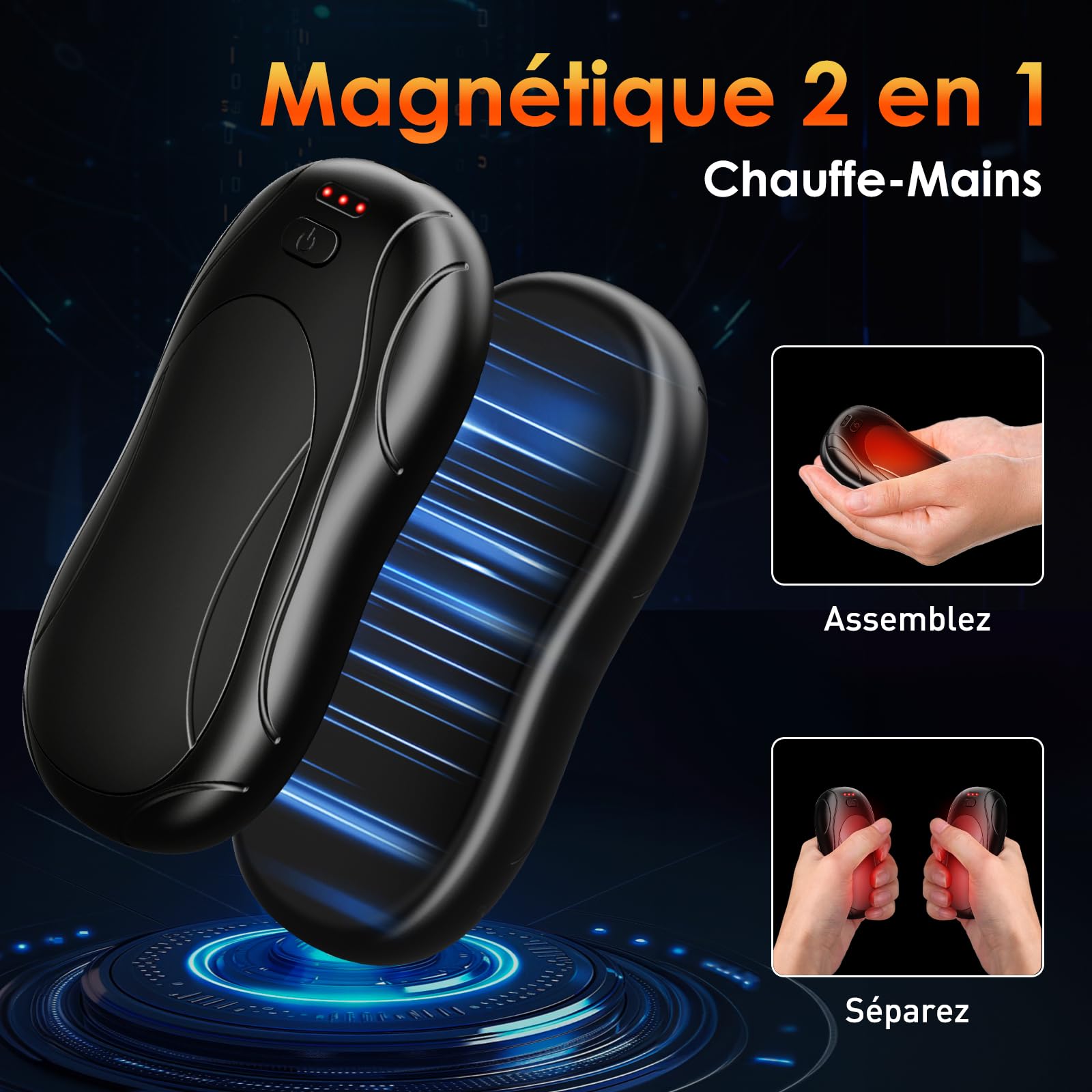 Chauffe Mains Rechargeable, 2 en 1 Magnétique Chaufferette Main Reutilisable, 3000mAh Split Deux en Un Electrique Portable USB, 3 Niveaux de Chaleur, Chauffage 7-12H, Cadeau de Noël d'hiver