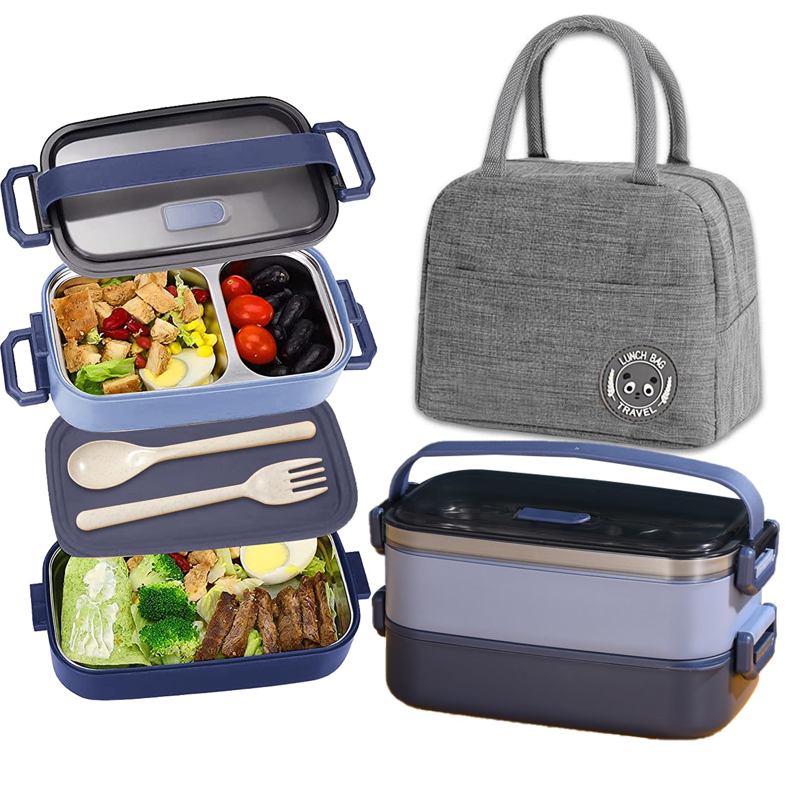 Boite Dejeuner Boite Repas Compartiment Bento Lunch Box avec Sac Repas, Couvert, Boîte à Salade