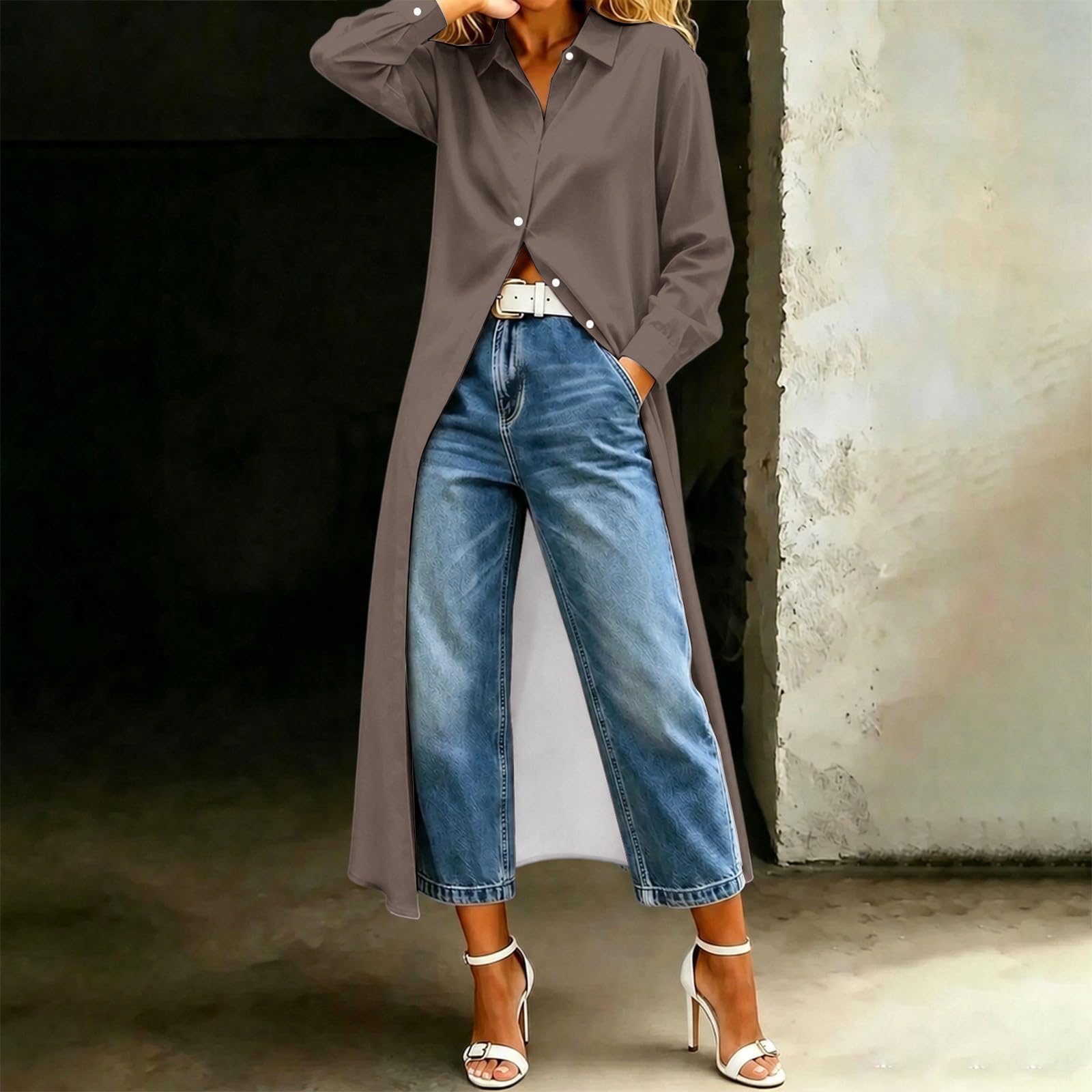 Camicia da Donna Casual a Tinta Unita a Maniche Lunghe con Orlo Lungo 2026