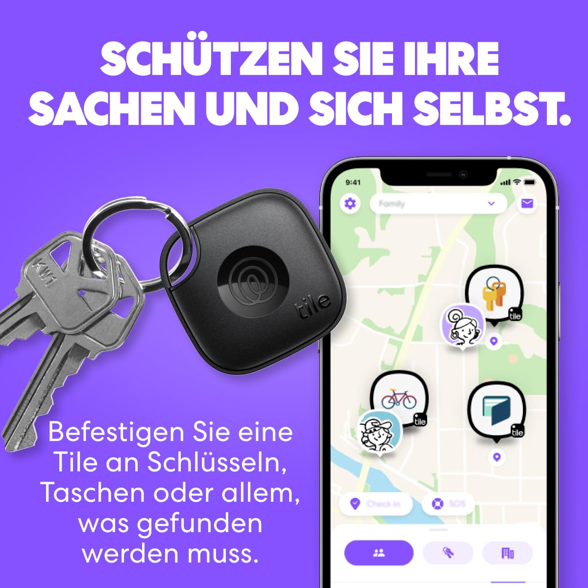 Life360 Tile - Bluetooth-Tracker, Schlüssel- und Gegenstandsfinder für Schlüssel, Taschen und mehr. Handy-Finder. iOS- & Android-kompatibel. Handy-Finder. 1er-Pack (Schwarz)