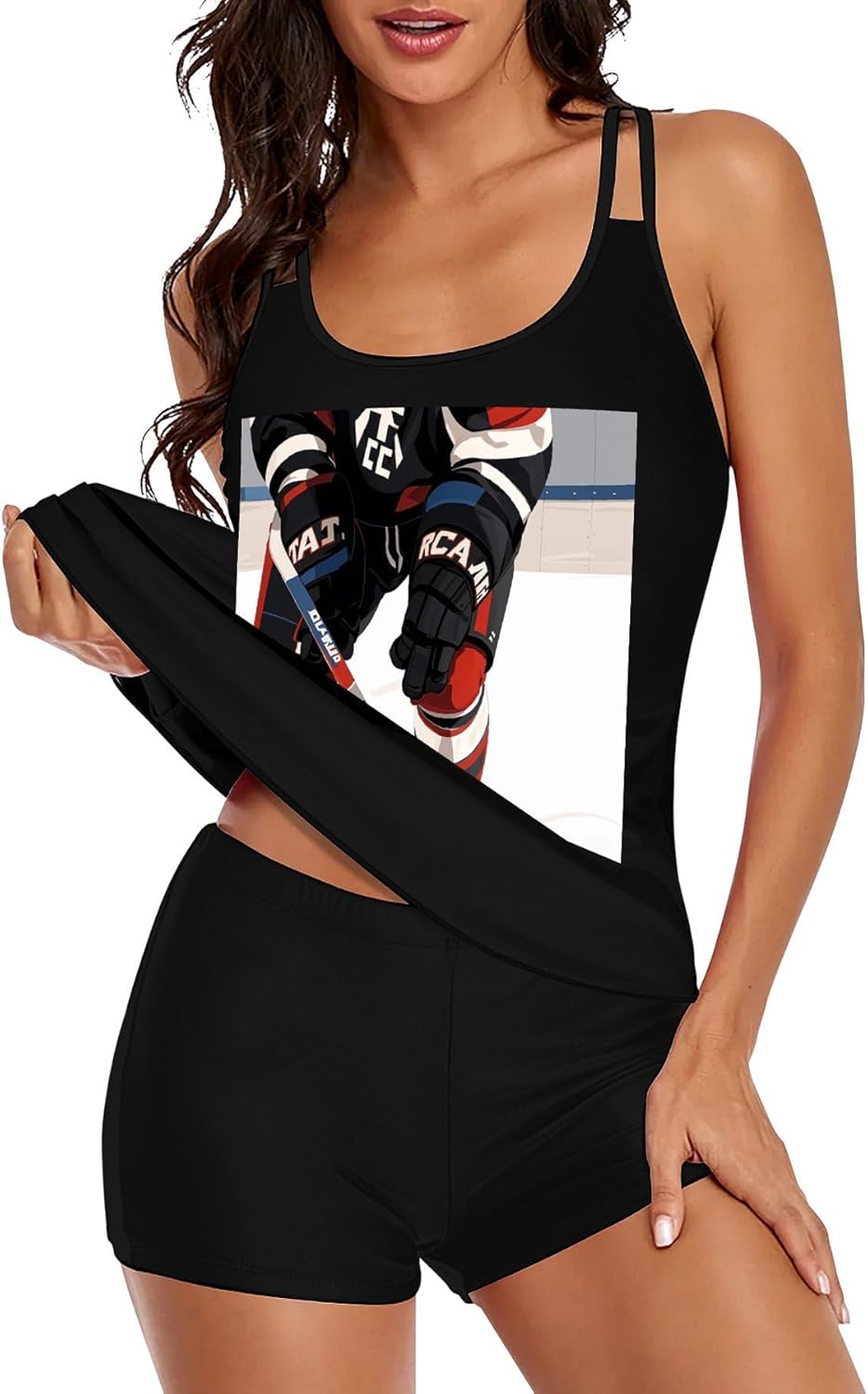 Ice Hockey Pattern Tankini Swimsuits for Women Tummy Control Two Piece Bathing Suits Swim Tops with Boy Shorts