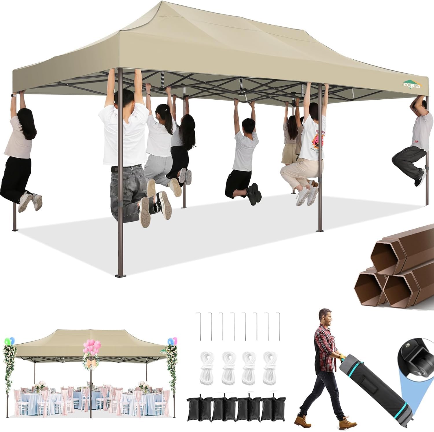 COBIZI 10x20 Pop Up Canopy Heavy Duty Without Sidewalls, Commercial Heavy Duty Pop Up Tent for Parties All Weather Waterproof and UV 50+ Wedding Tent with Roller Bag(Legs Upgraded),Khaki