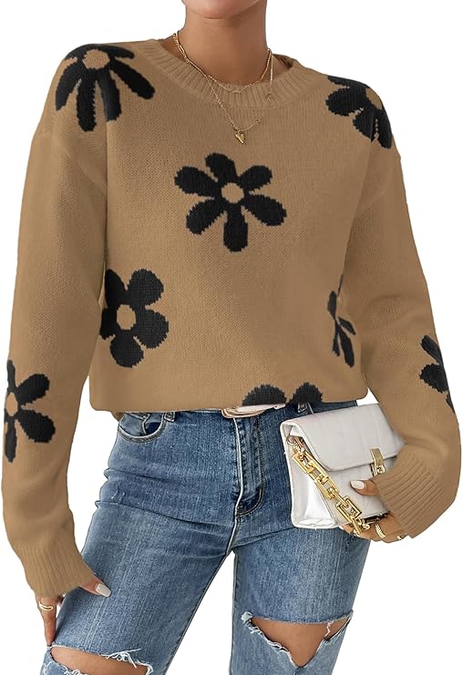 Libsorge Womens Oversized Cute Flower Sweater Fall 2025 Trendy Vintage Y2k Floral Knit Crewneck Long Sleeve Pullover Tops