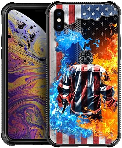 HENOK Funda compatible con iPhone XXs, funda clásica de hockey con bandera estadounidense de hielo y fuego con protección a prueba de golpes y