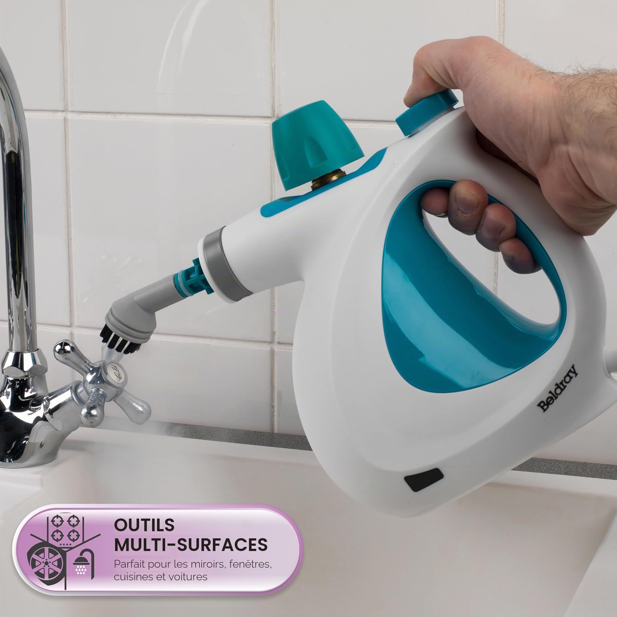 Beldray Nettoyeur Vapeur à Main 10-en-1 , Prise EU, Nettoyage et Désinfection Vapeur Multifonctionnel, Réservoir d'Eau de 250ml, Accessoires Nettoyage pour Rideaux, Salle de Bain, Cuisine etc, 1000W