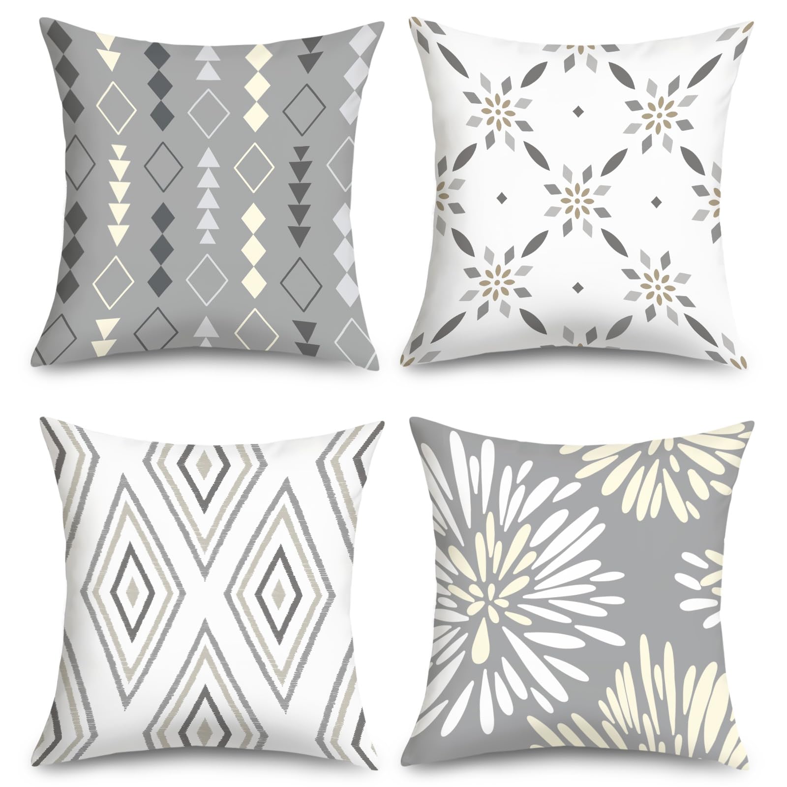 Joymaison Boho Grey Geometric Cushion Covers 45 x 45 Pack of 4 Modern Abstract Dahlia Floral Square Throw Pillow Case Decorative Sofa Cushion with Invisible Zipper