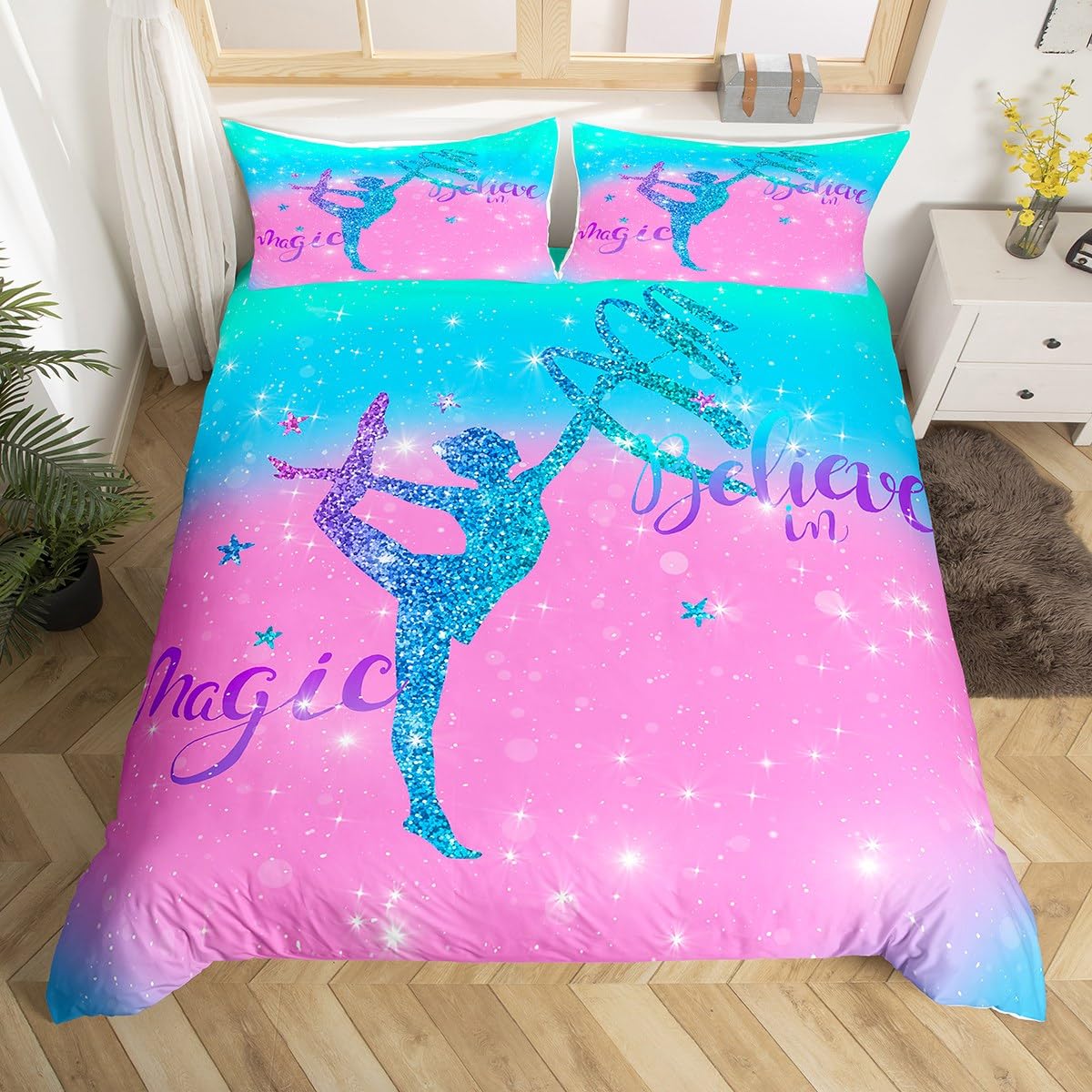 Homewish Gymnastics Bed Set Kids Rainbow Duvet Cover, Chic Gymnast Girl Bedding Set King Purple Galaxy Comforter Cover, Gymnastics Gifts Bed Cover 3 Pieces with 2 Pillowcase (Zipper Closure) โ image 1