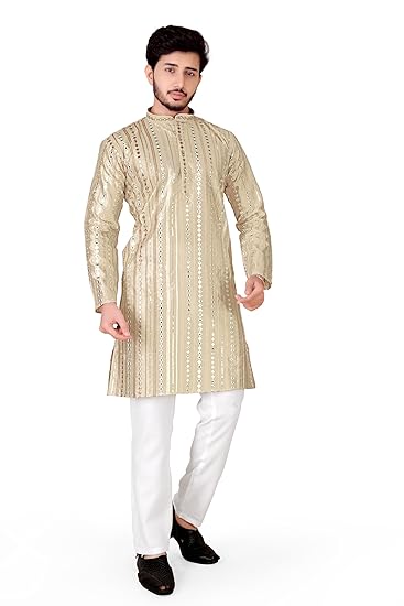 Men's Indian Ethnic Wear Straight Lucknowi Kurta with Mirror Work