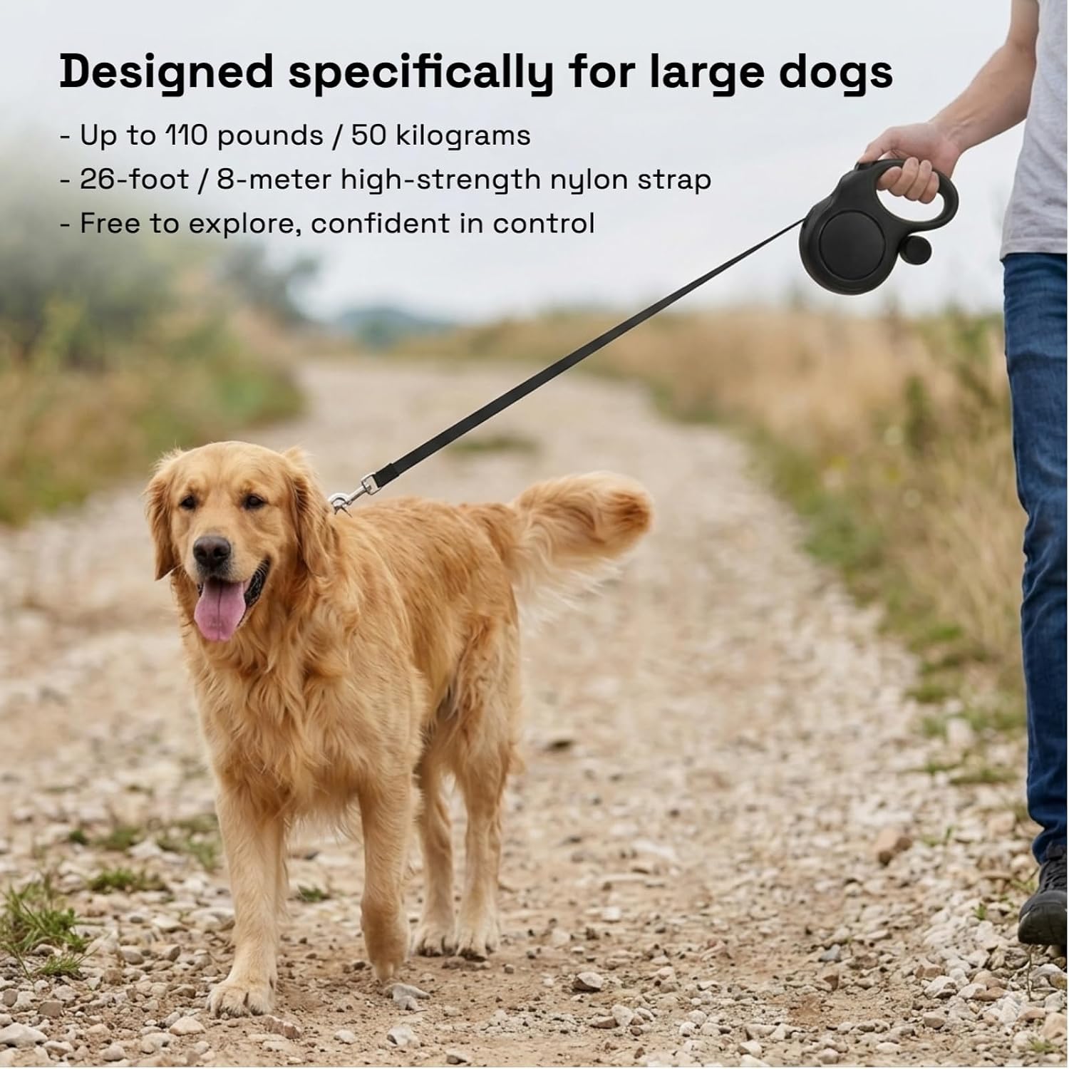 26ft Retractable Dog Leash for Large Dogs up to 110 lbs, with Waste Bag Dispenser, 8m Durable Strong Nylon Tape, 360° Tangle-Free, One-Handed Brake&Lock, Anti-Slip ABS Handle (26FT-Black)