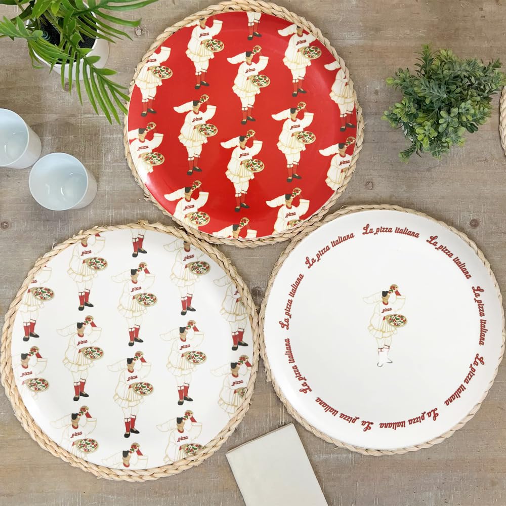 PALUPLUS Set 6 Piatti Pizza Rotondi in Melamina, Diametro 33 cm e Altezza 1,5 cm, Piatto con 3 Decorazioni, Infrangibili e Riutilizzabili, Fantasia Pulcinella -3757C