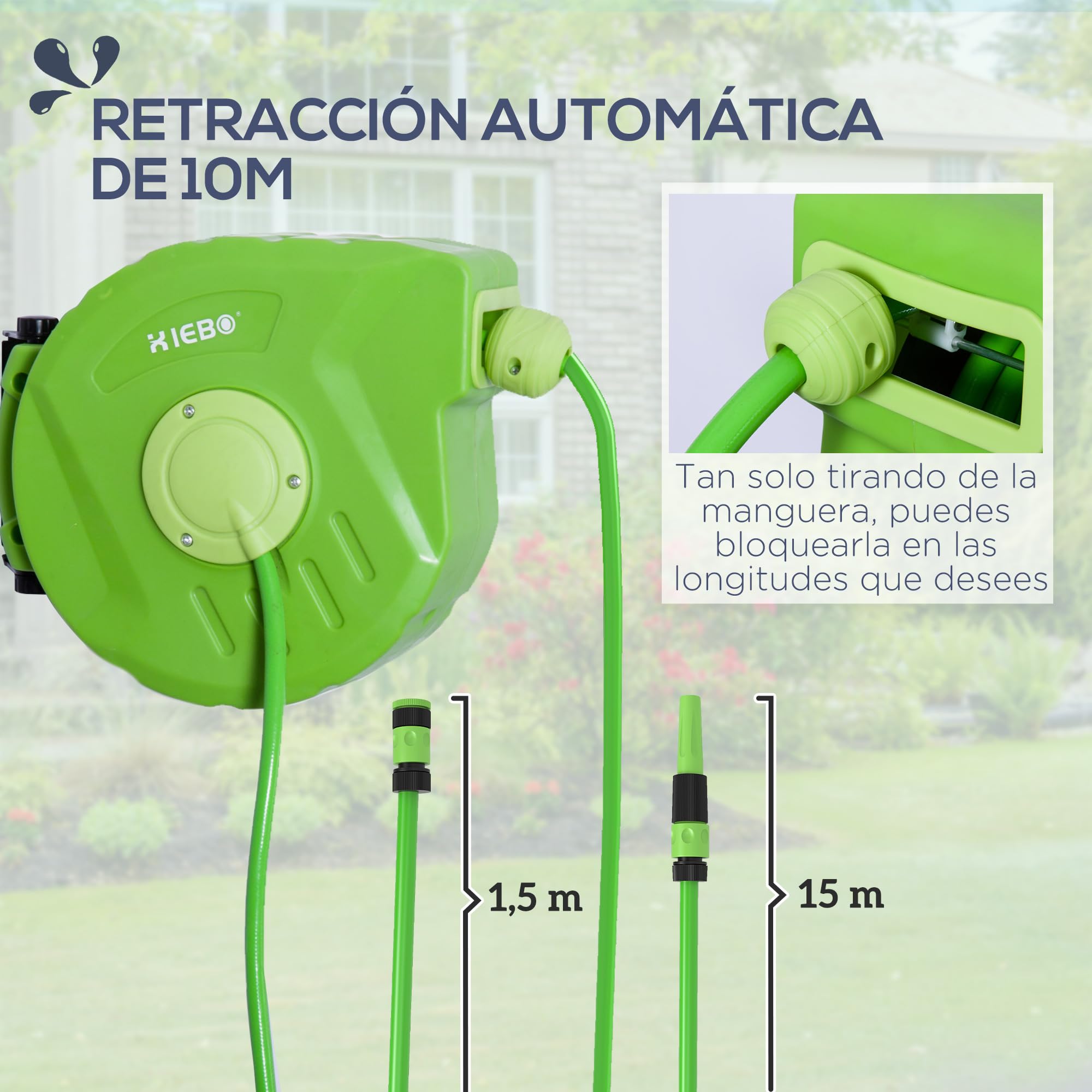 Outsunny Carrete para Manguera Enrollable, Carro de Manguera de Jardín, Portamanguera 10m Roll-up Automático Giratorio 180° con Pistola de Pulverización Gran Alcance Base de Pared para Terraza, Verde