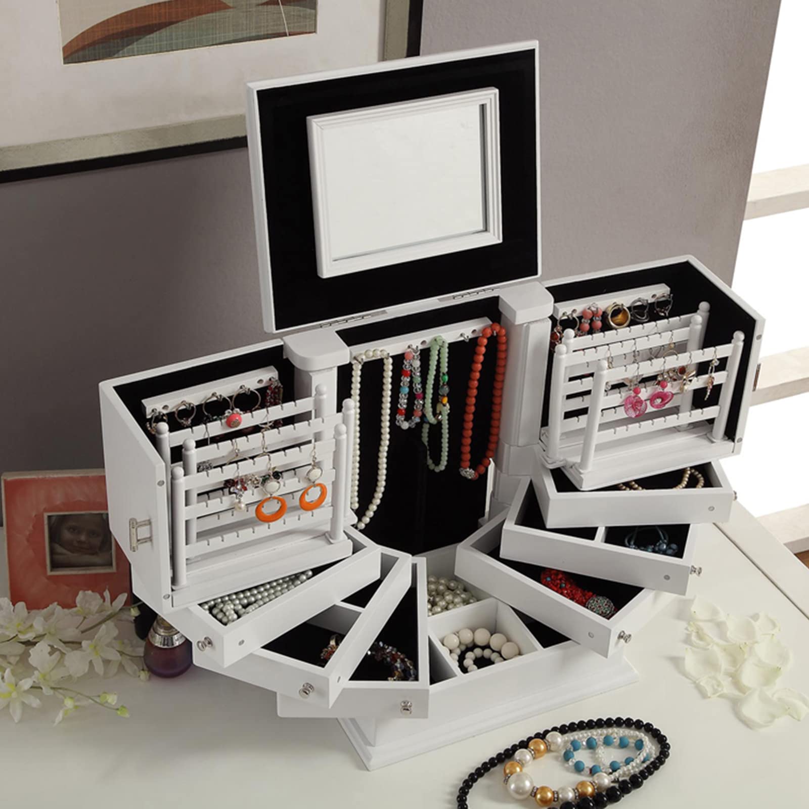 Wood Jewelry Box for Women Large Organizer Box with Mirror Rotatable Drawers for Storage Earrings Rings Necklace Bracelet