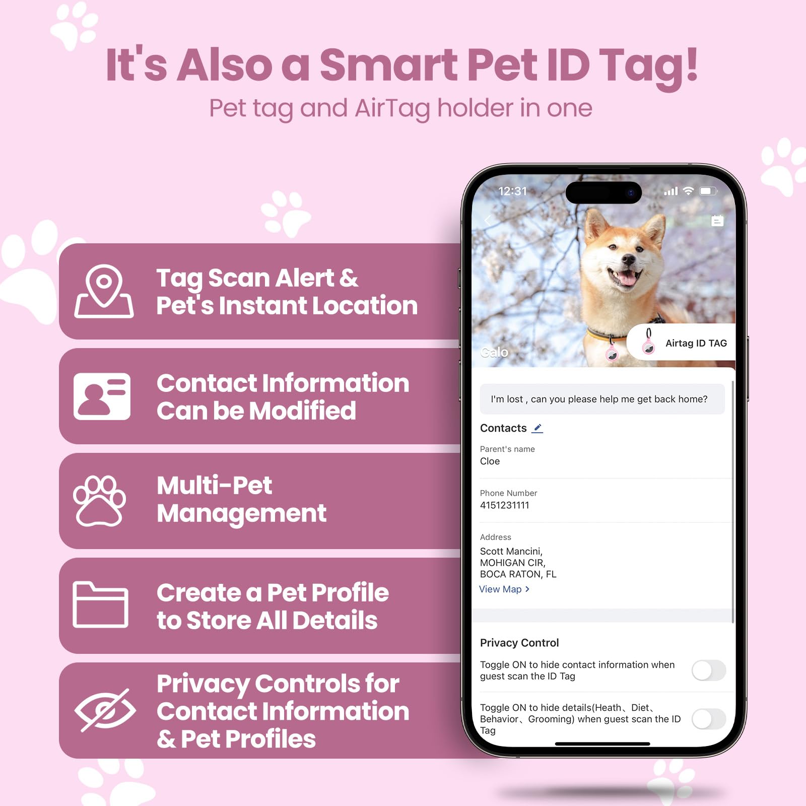 AirTag Holder & Collar for Pets. GPS Tag & App with Smart QR ID for Instant Location Pet Profile and Contact Info. Dog Tracker or Cat Tracker (Pink) - Image 4